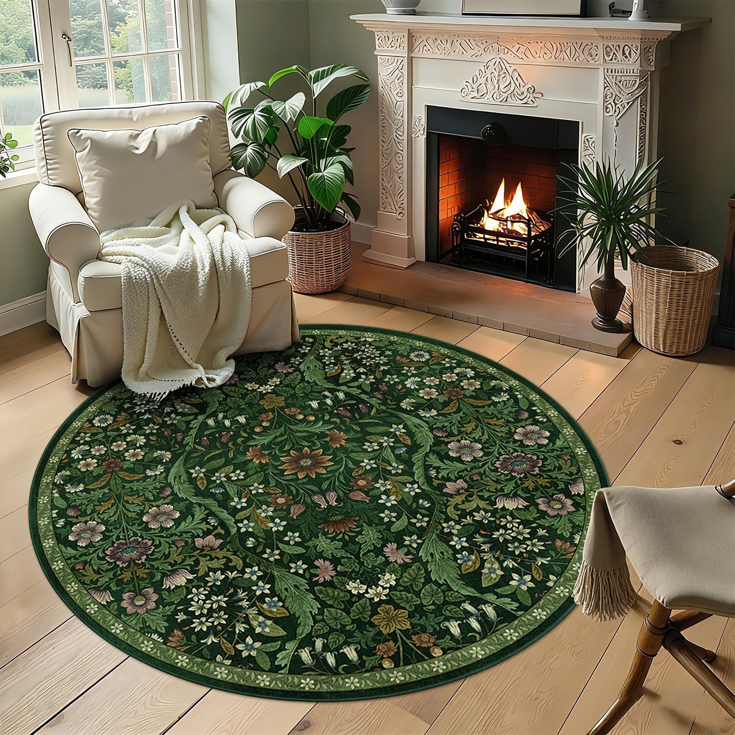 NakedCloud Dark Green Floral 5ft Round Rug