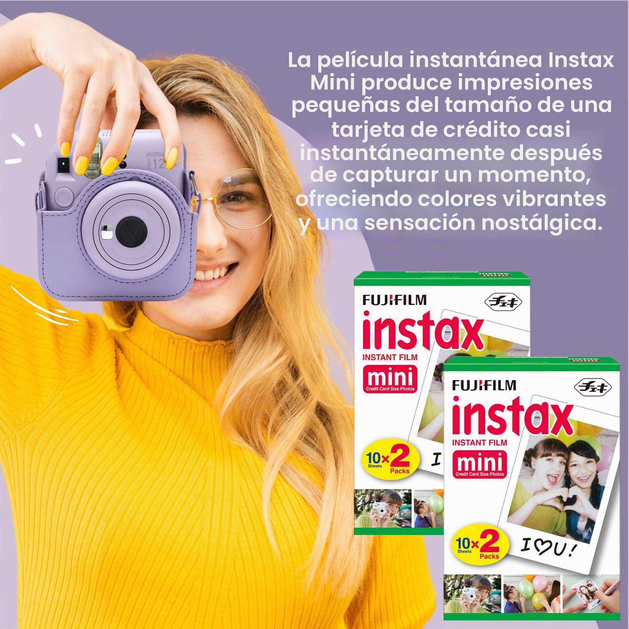 Paquete de cámara instantánea Clikoze con cámara Fujifilm Mini 12 morado lila, película Fujifilm Mini de 40 disparos, estuche Clikoze Mini 12, álbum en miniatura, pegatinas de película, filtros de