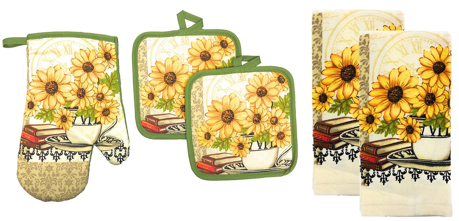 Kitchen Collection 5-Piece Kitchen Linen Set, Set of 1 Oven Mitt, 2 Pot Holders and 2 Kitchen Towels, Value Pack Perfect for Gift, Great for Combining Fun and Color Into The Kitchen (Daisy Bouquet)
