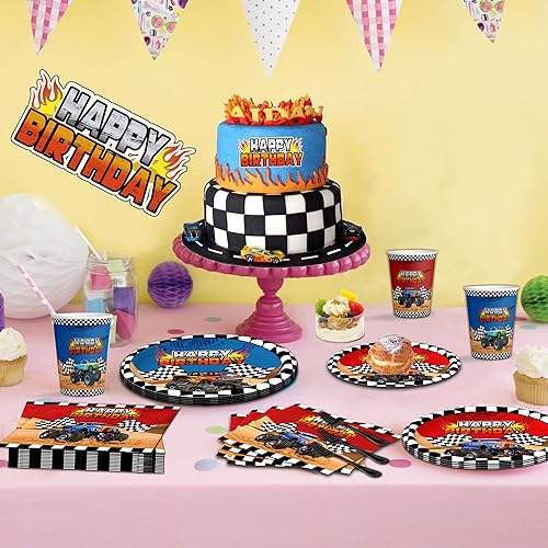 Miniatura 7 de 120 piezas de decoración de fiesta de cumpleaños para camiones, suministros para 24 platos grandes para camiones y servilletas, tenedores, autos de