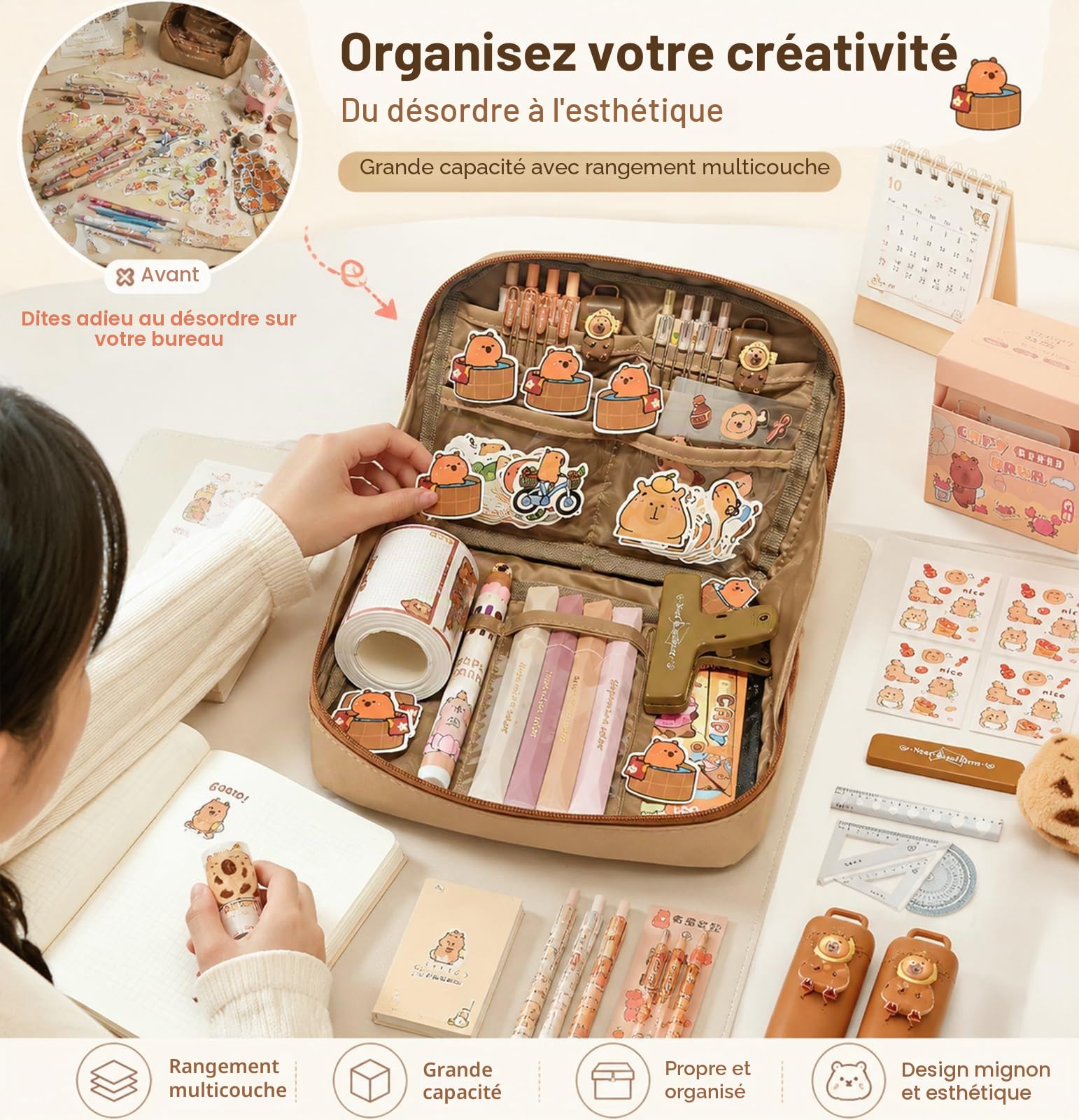 Trousse Capybara 81 Pièces Set, Capybara Papeterie avec Stylos, Pinces, Autocollants, Règles Et Plus Encore, Fournitures Scolaires et de Bureau, Cadeau Rentrée ou Anniversaire