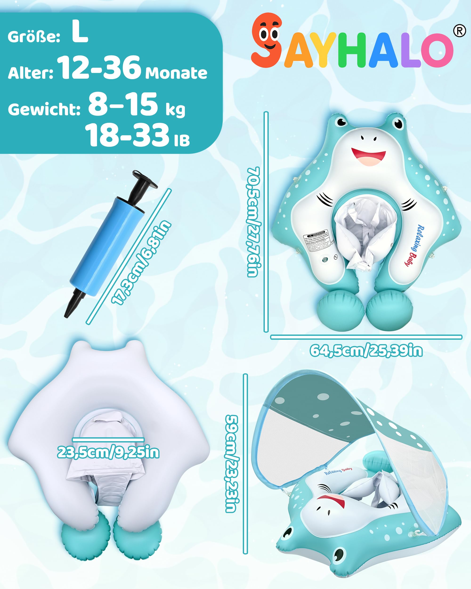 Galleggiante per bambini con baldacchino, galleggiante per piscina con seggiolino di sicurezza, galleggiante da nuoto e galleggiante per bambini da 12 a 36 mesi (L: 12-36 mesi)