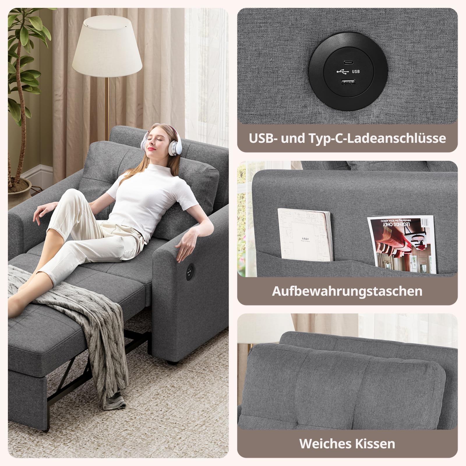 Schlafsofa 190×84cm mit USB & Typ-C-Anschluss, 3-in-1 Schlafsessel, Sofa Bett, Verstellbare Rückenlehne, 3 Winkel, Mit Seitentasche, Ideal für Wohnzimmer Wohnungen, Grau