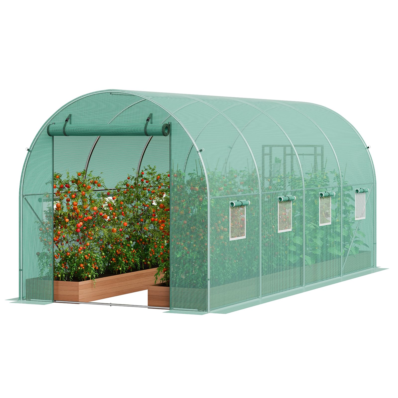 VEVOR Walk-in Tunnel Greenhouse, 14.6x6.4x6.3 ft Hoop House Greenhouse Tunnel, Plant Hot House with Galvanized Steel Frame, Green PE Cover, Roll-up Zipper Door and 8 Windows for Outdoor