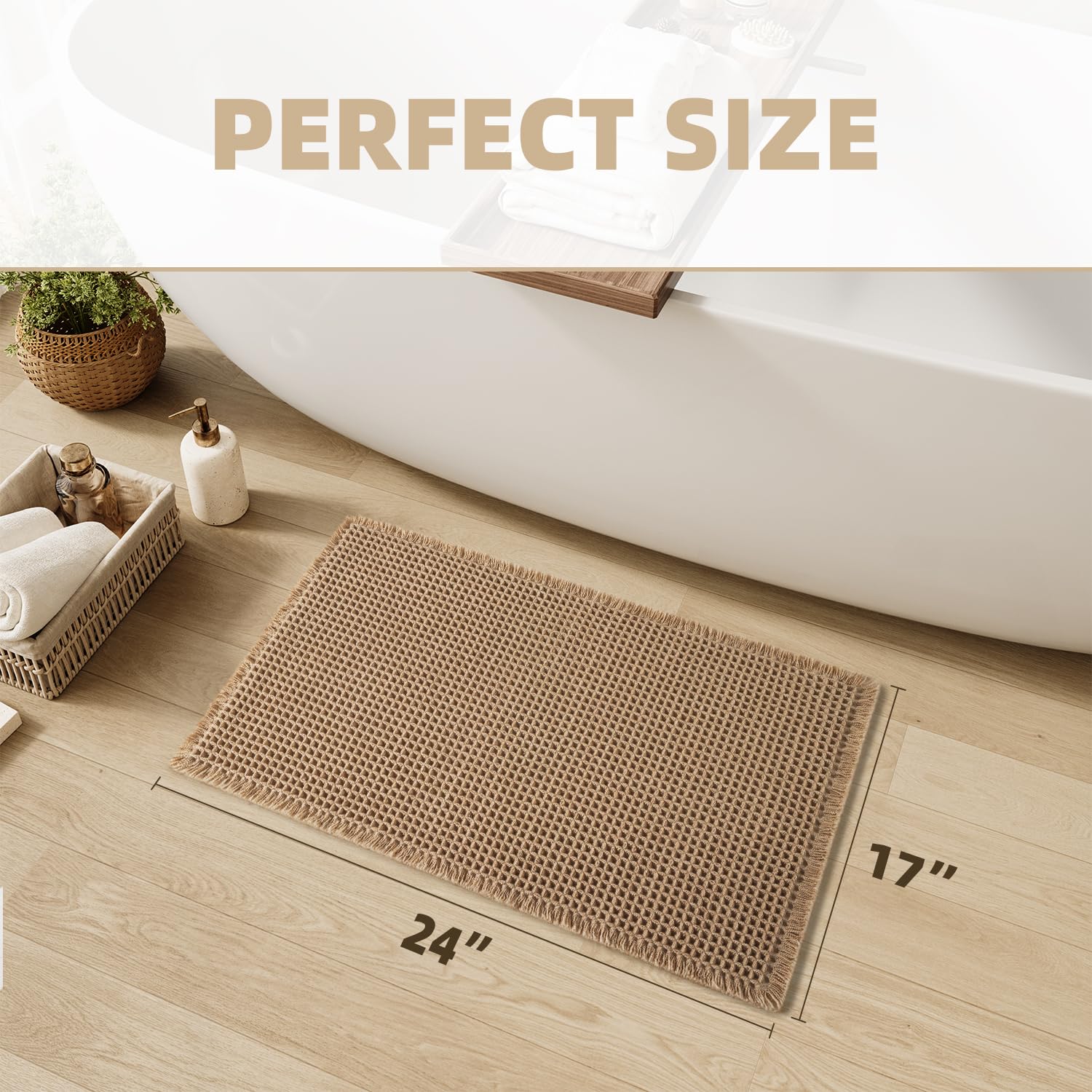 Upgraded Waffle Bath Mat Non Slip Super Absorbent Quick Dry Bath Mats for Bathroom Floor Machine Washable Bathroom Mat Ultra Soft Boho Bathroom Rugs with Tassels Beside Tub, 17" x 24", Brown — view 2