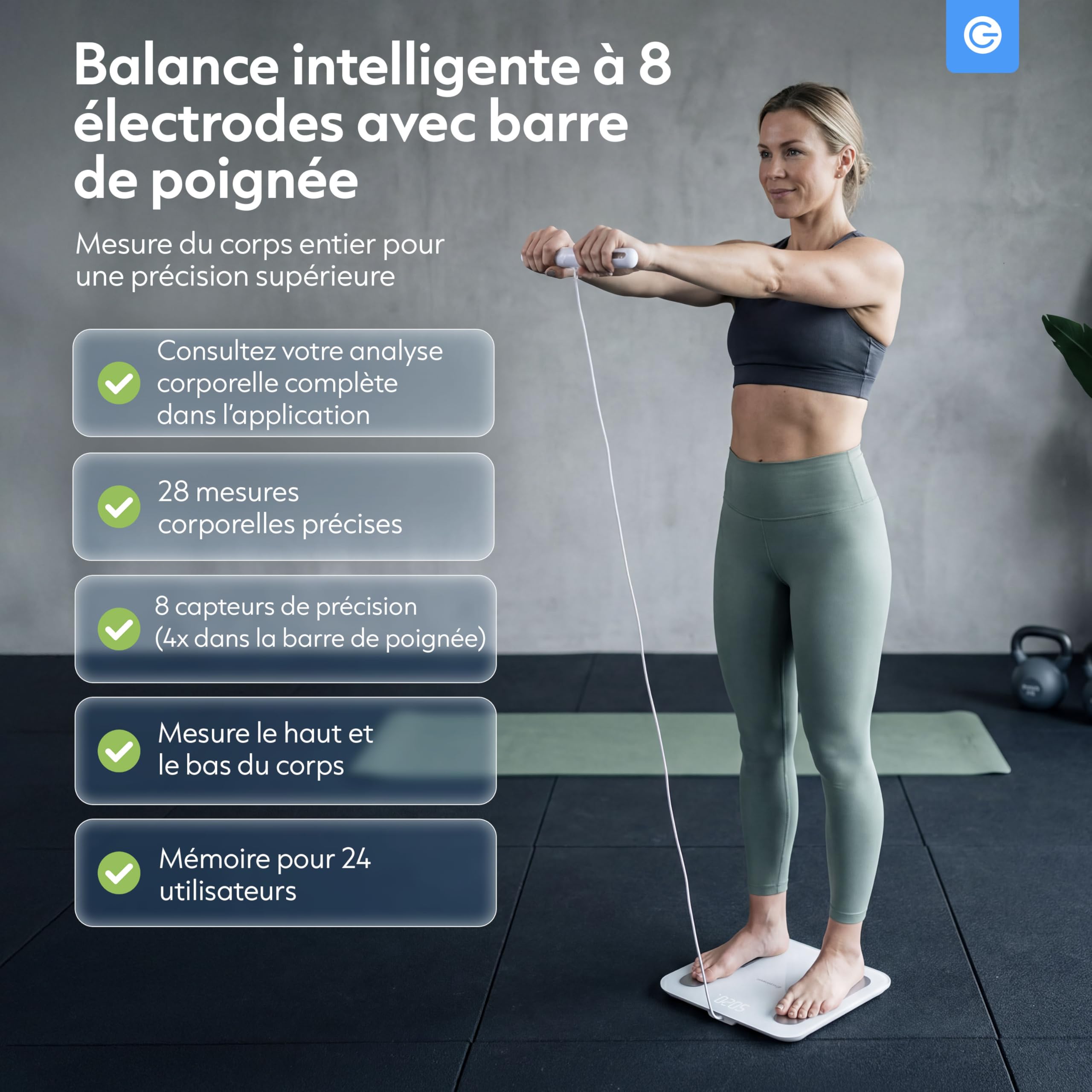 Silvergear® Pese Personne avec Poignée | Balance Pese Personnes | Analyse de Graisse Corporelle, Masse Musculaire, IMC, Poid des Os, BMR, Fr. Cardiaque | Impédancemètre avec App | Blanc