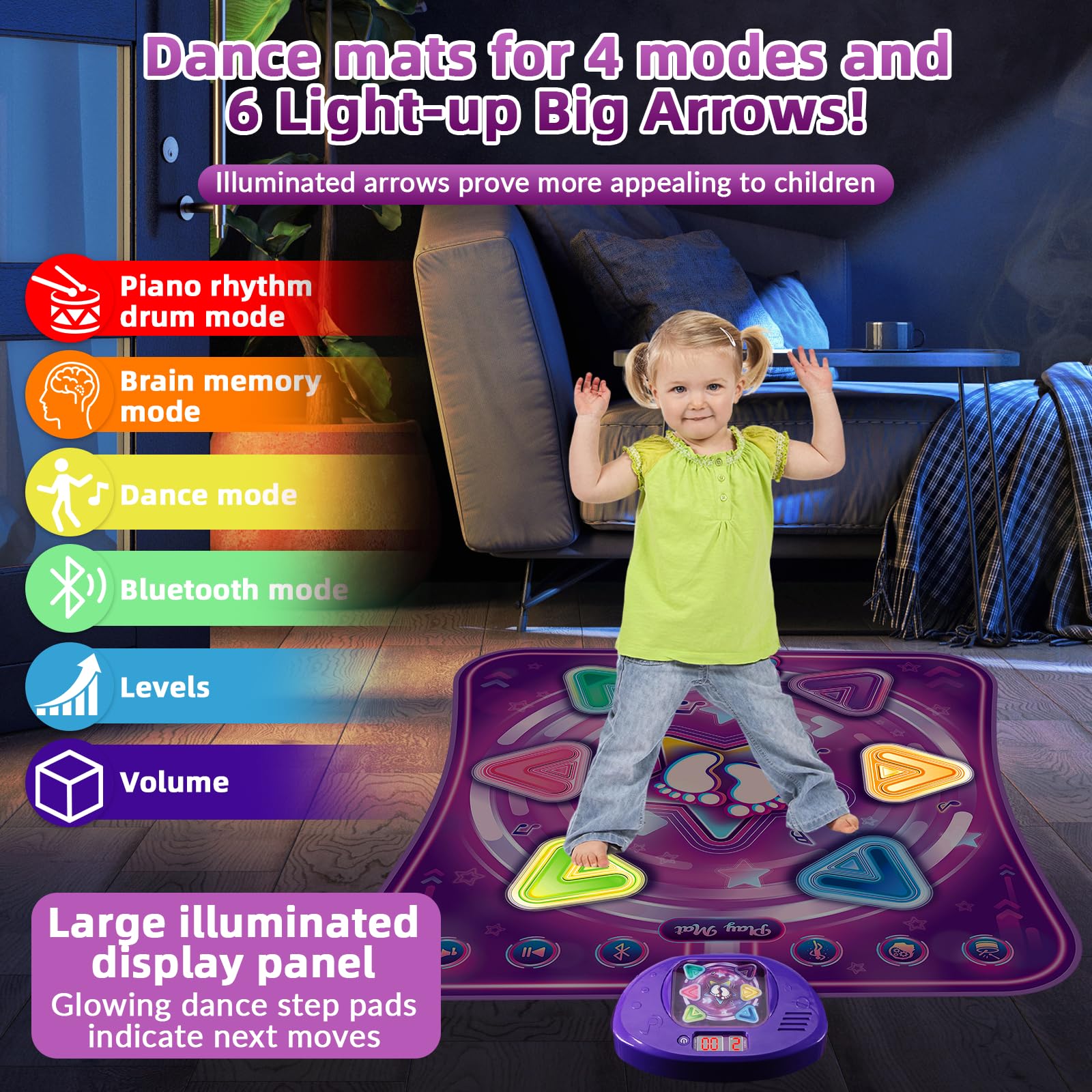 Bambini Tappetino da Ballo con 6 LED, Tappeto da Ballo con Bluetooth per 3 4 5 6 7 8+ Anni,Tappetino da Ballo Elettronico,Giocattolo Tappeto Musicale da Ballo,Regali di Natale di Compleanno (Viola)