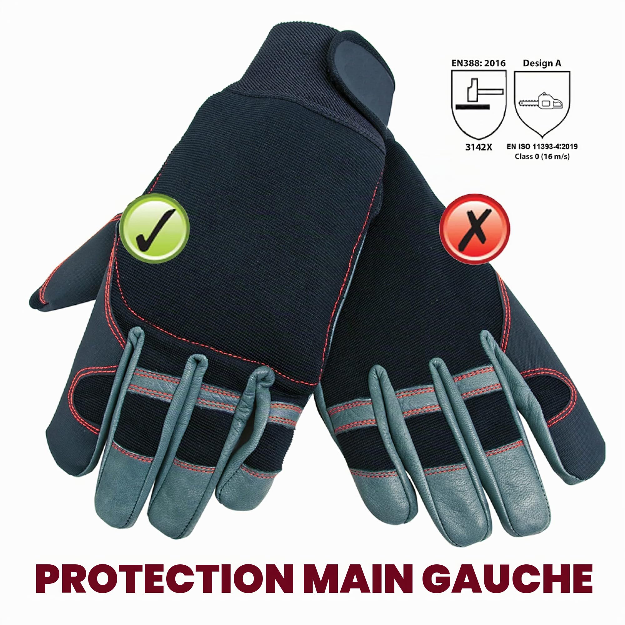 Oregon 295395 Gants de protection pour travail à la tronçonneuse Taille M en cuir élastique 4 directions (protection main gauche)