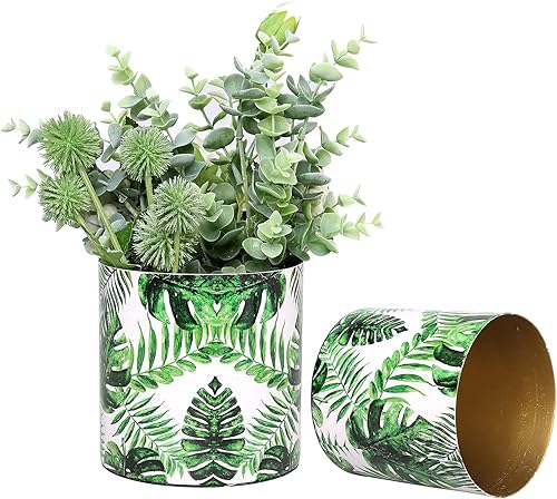 Miniatura 7 de MyGift Maceta moderna de metal con diseño de hoja de palma verde e interior en tono latón, contenedor decorativo para suculentas, juego de 2 piezas,