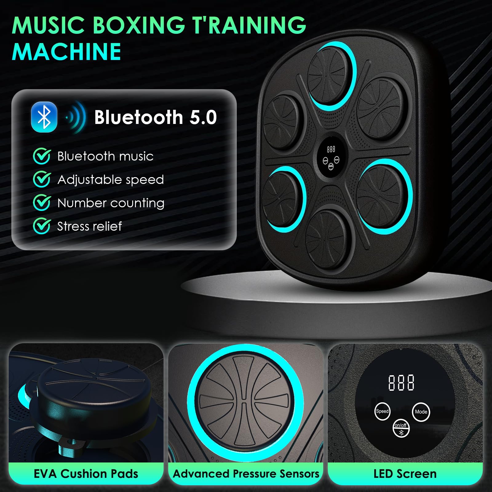 Boxe Musicale Avec Lumières Trywise Machine De Boxe Musicale - 9 Vitesses, Bluetooth, Lumière, Mur - Pour Fitness à Domicile Adultes/Enfants Gants De Boxe