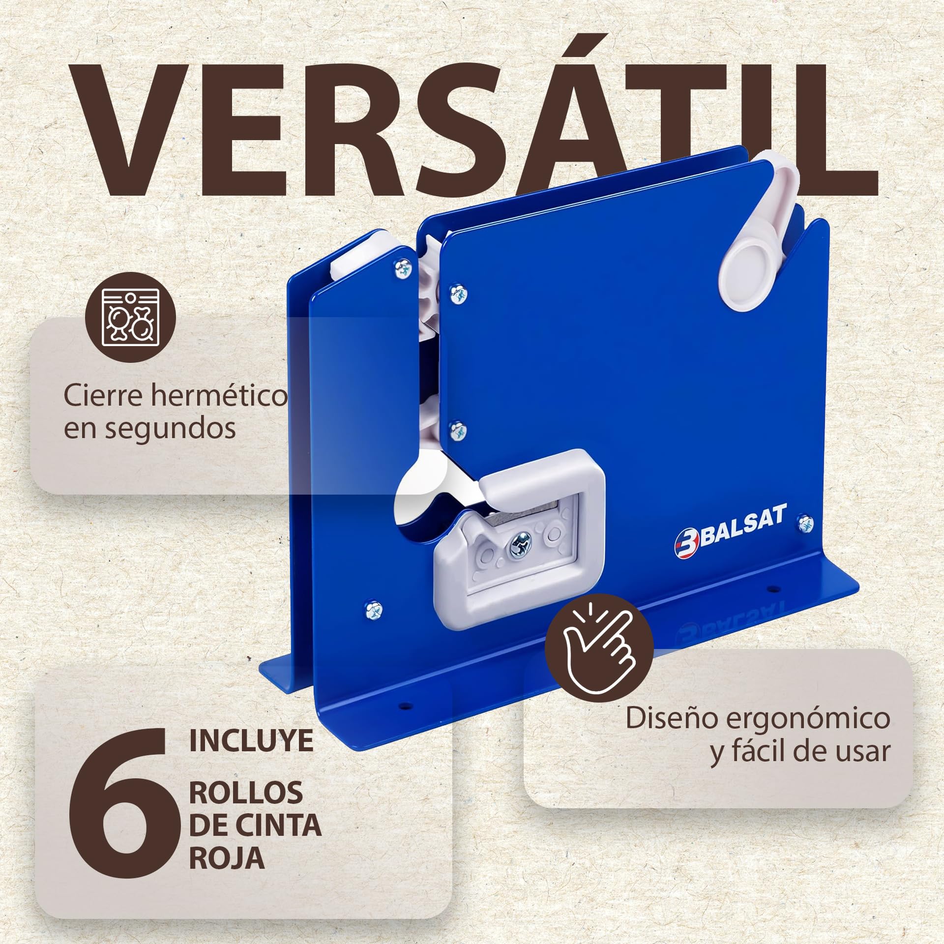 BALSAT Máquina Cierra Bolsas Precintadora de Bolsa Azul Lacada + 6 Rollos Rojos | Sellador de Bolsas de Plástico Manual | Compatible con Cintas Adhesivas de 12 mm an | Metálica, Robusta y Precisa