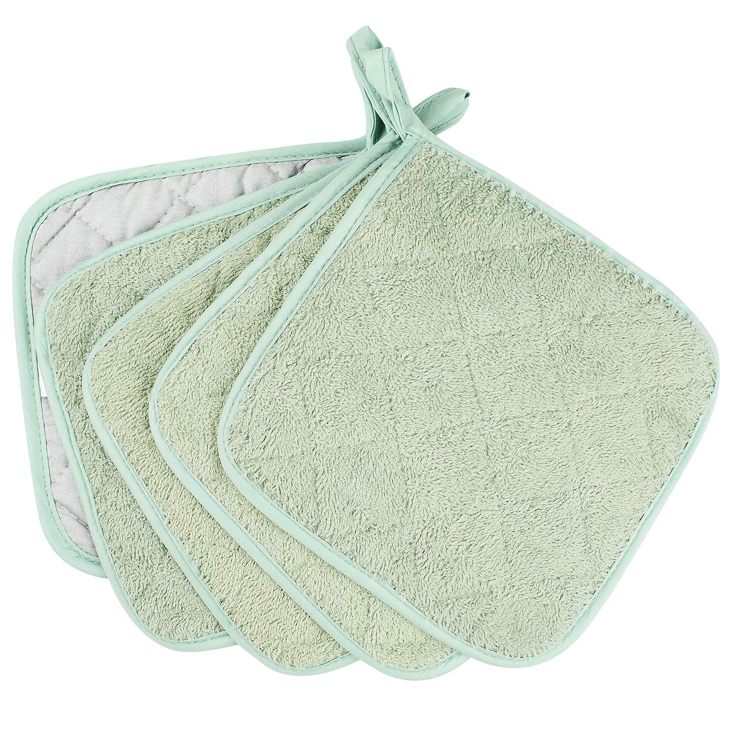Set di 5 presine da cucina completamente in cotone e in tessuto di spugna termoresistente, ideali per uso quotidiano in cucina e con fornelli e forno Menta Verde