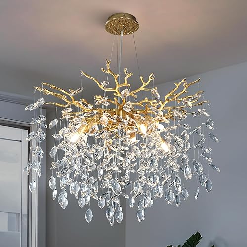 YUYI 23.6" Modern Gold Tree Branch Crystal Chandelier, 8-Light Round Raindrop Pendant Lighting for Dining Room Living Room Bedroom Kitchen Foyer Entryway, Luxury K9 Crystal Statement Light Fixture