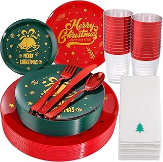 WDF 175pcs Christmas Plates Disposable - Green Christmas Plates & Red Plastic Plates with Gold Bells, Red Plastic Silverware, Clear Red Cups and Christmas Tree Napkins, Perfect for Christmas Parties
