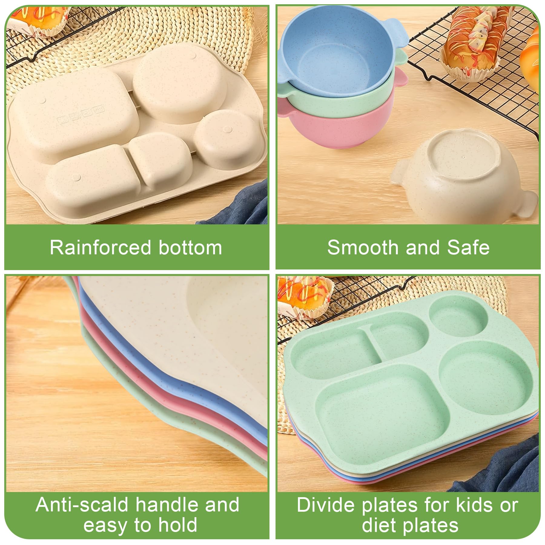 Ensemble de vaisselle incassable pour 4 personnes, 24 pièces d'assiettes divisées en plastique, ensemble de couverts, ensemble de vaisselle réutilisable pour adultes, enfants, école, bureau, fête