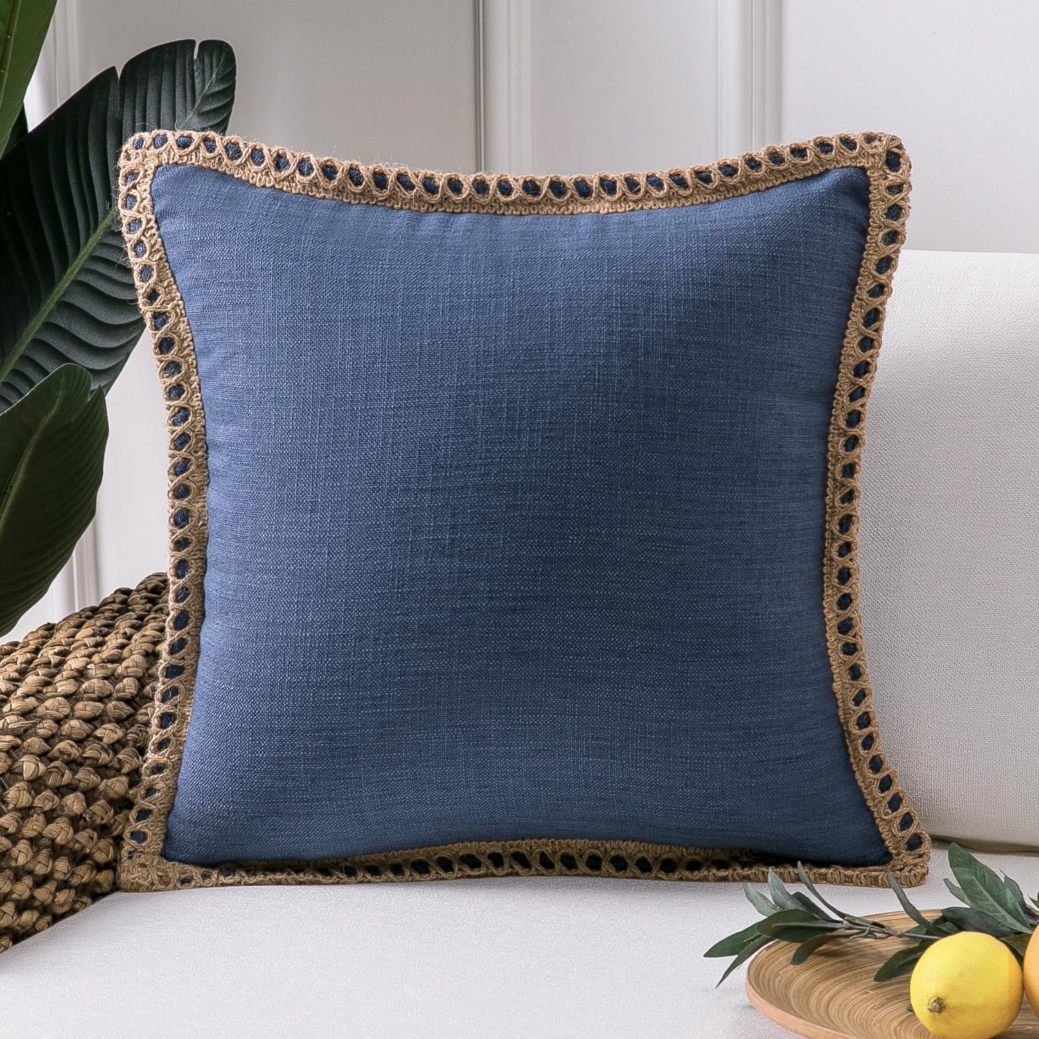 Phantoscope Farmhouse Solid Throw Decorative Pillow Cover Burlap Linen Trimmed Tailored Edges Outdoor Pillow Navy Blue 20 x 20 inches, 50 x 50 cm,