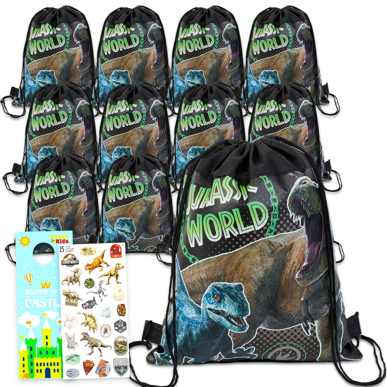 Jurassic World Set di sacchetti per bomboniere – Bundle con 12 sacchetti con coulisse dinosauro per bambini più adesivi, altro | Jurassic Park forniture per feste di compleanno
