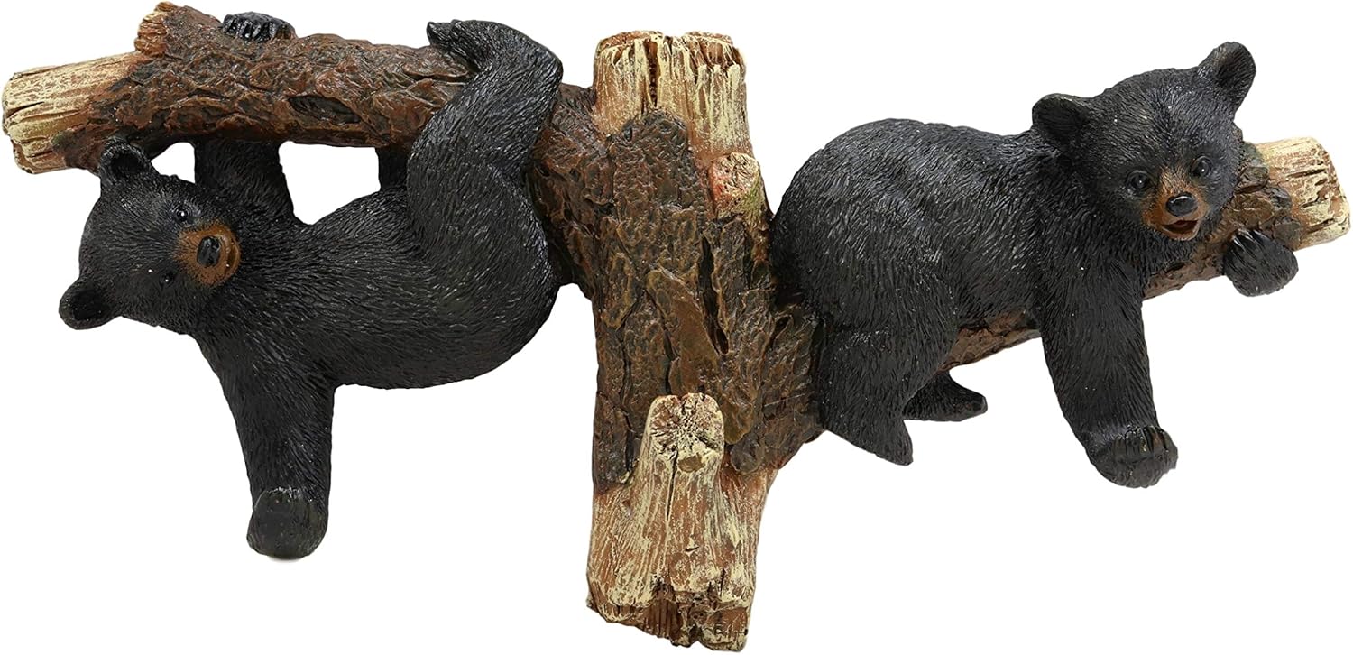 Ebros Whimsical Forest Rustic 2 Playful Black Bears Dangling On Tree Branches 3 Pegs Wall Hooks 9.25" Wide Hanger Bear Themed Wall Mount Coat Hat Keys Hook Decor Hanging Sculpture Plaque