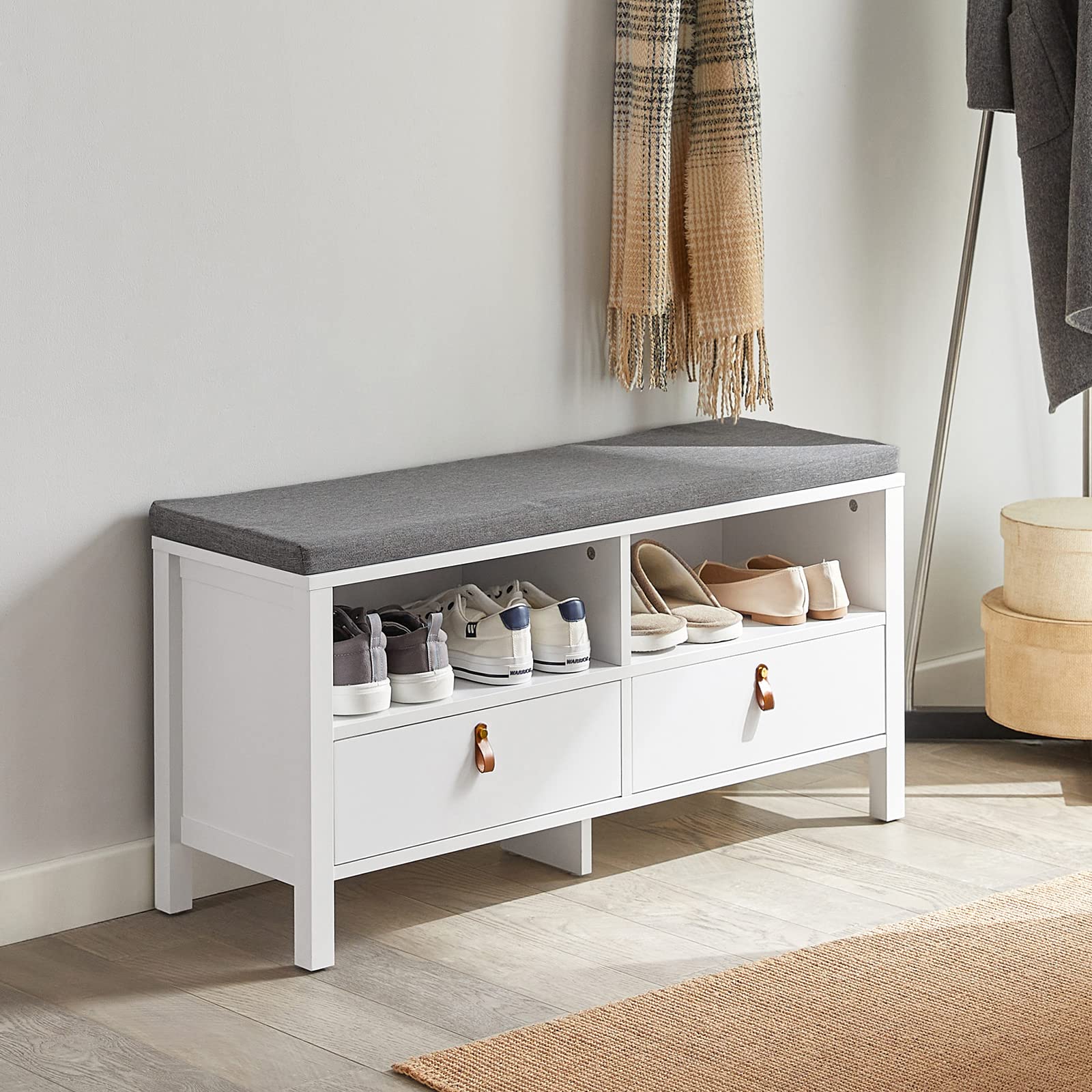 Haotian FSR106-W, White Shoe Storage Bench with 2 Slide-Drawers, 2 Compartments and Removable Seat Cushion, Shoe Rack for Entryway, Hallway and Bedroom