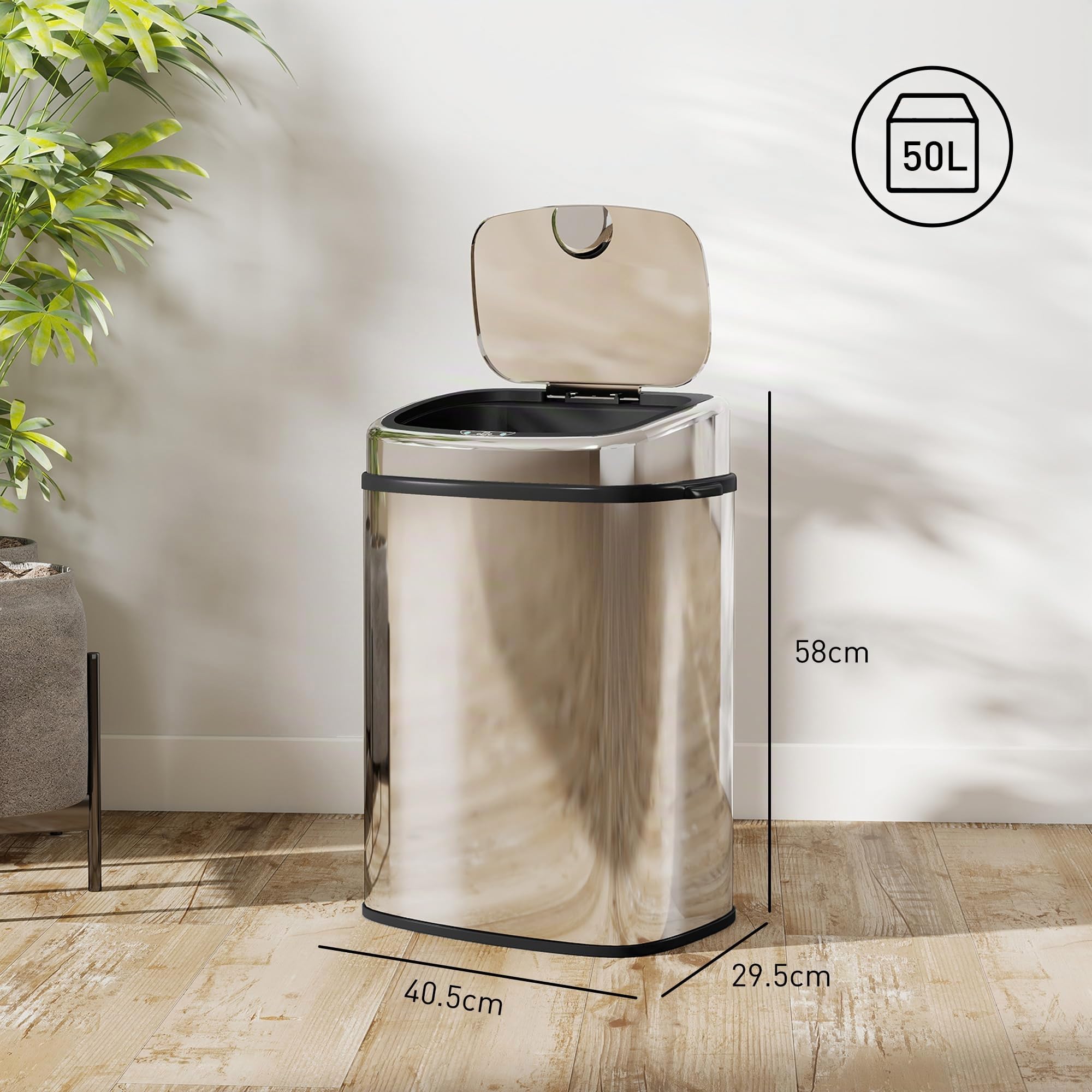 HOMCOM Pattumiera con Sensore a Infrarossi da 50L Acciaio Inox Argento | Cestino Automatico, 2 Modalità di Apertura, Superficie Anti-Impronte