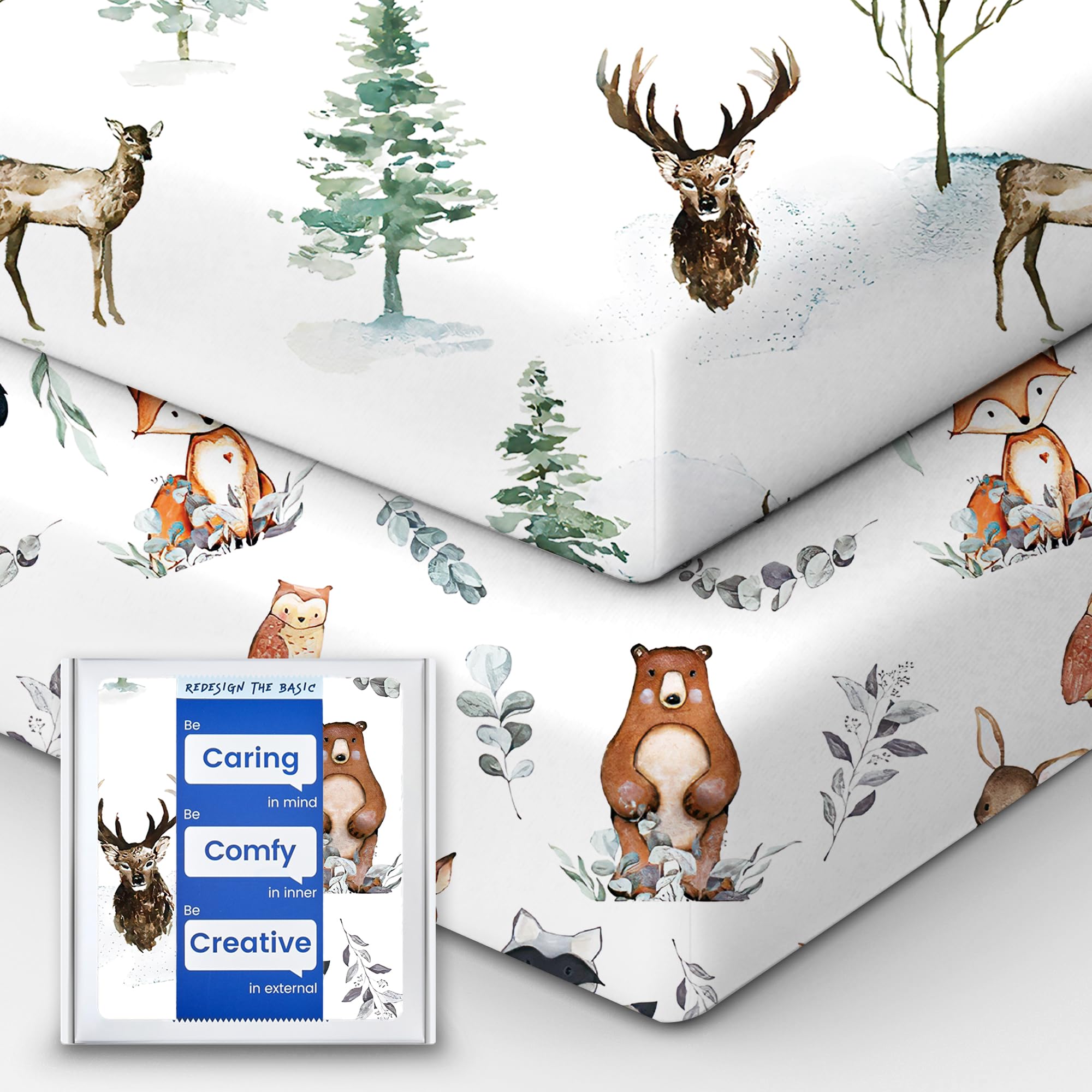 Crib Sheet Netural, Premium Soft Jersey Knit Fitted Crib Sheet, Crib Mattress Sheet, 28''x52''x9'' Extra Deep Pocket (Deer & Bear)