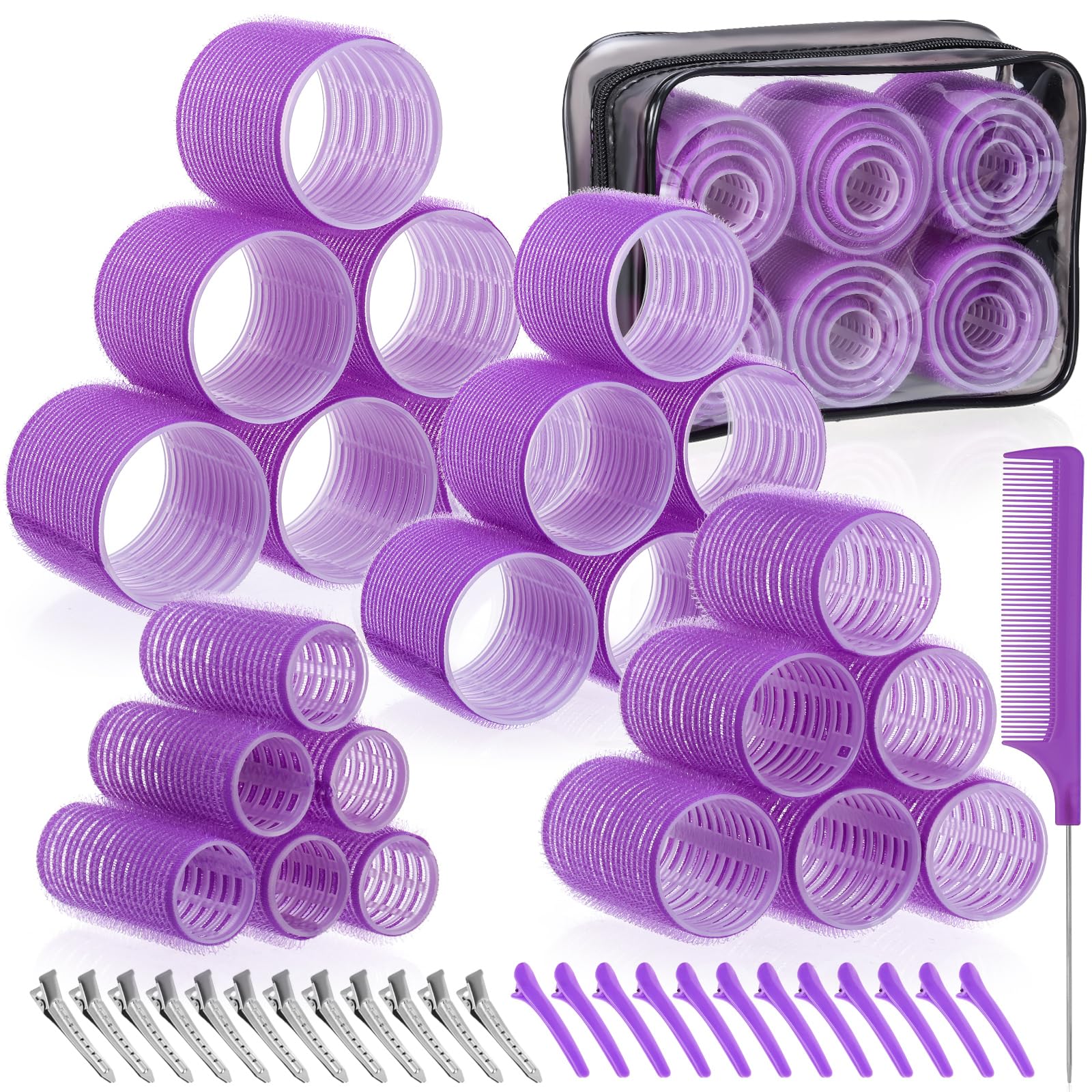 obeoby 4 Sizes Rollers Hair Curlers, 50 Pcs Set Jumbo Hair Rollers 25mm 36mm 48mm 60mm Self-Grip Hair Rollers with Clips, Curlers for Women Long, Short Hair and Bangs (Purple)