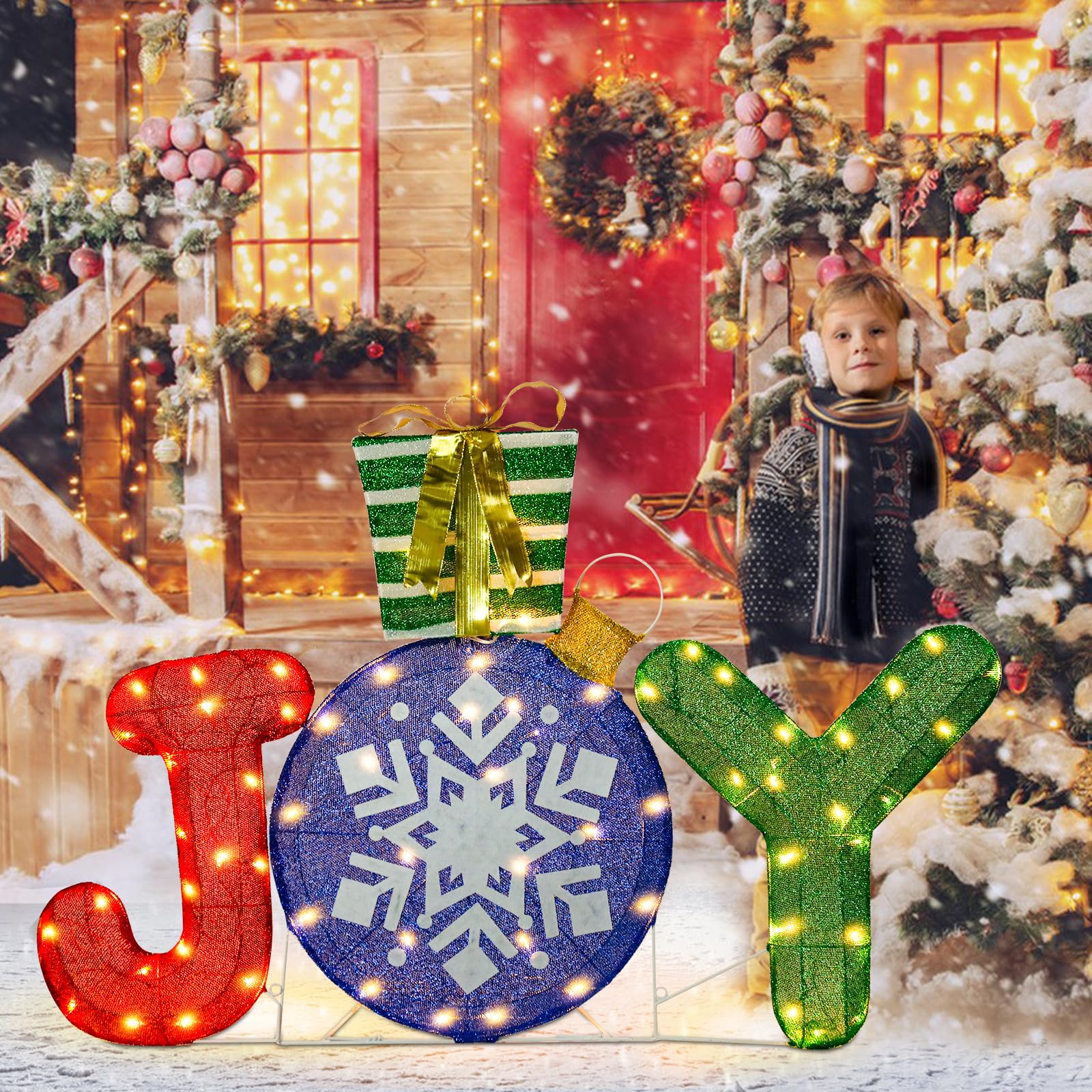 Decoración navideña iluminada para exteriores, alegría 3D con caja de regalo, adorno de pie iluminado con purpurina, decoración de Navidad para el hogar, césped, patio, jardín