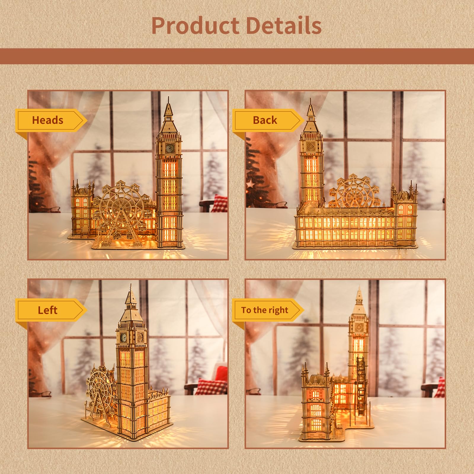 Music Park Puzzle 3D Adulto Big Ben in Legno con Luci LED Orologio Funzionante Modellino da Costruire con Ruota Panoramica, Gioco di Costruzione Decorativo, Regalo Elegante per Appassionati