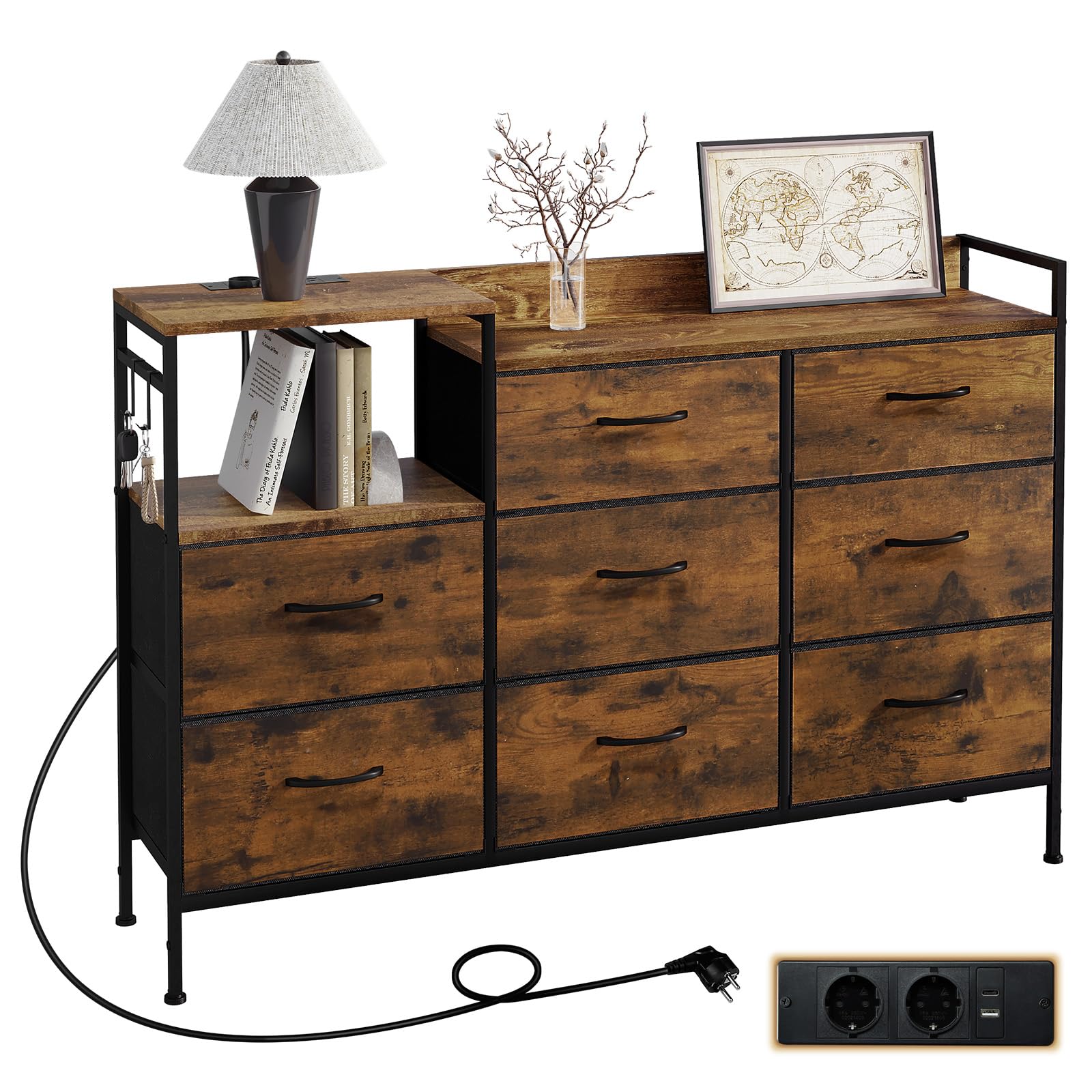 WOLTU Cómoda Dormitorio 8 Cajones de Tela, Estantes de Madera, Armario Comoda de Salon, Cajas Organizadoras, Estructura Metalica, Estilo Industrial, SSK007hov