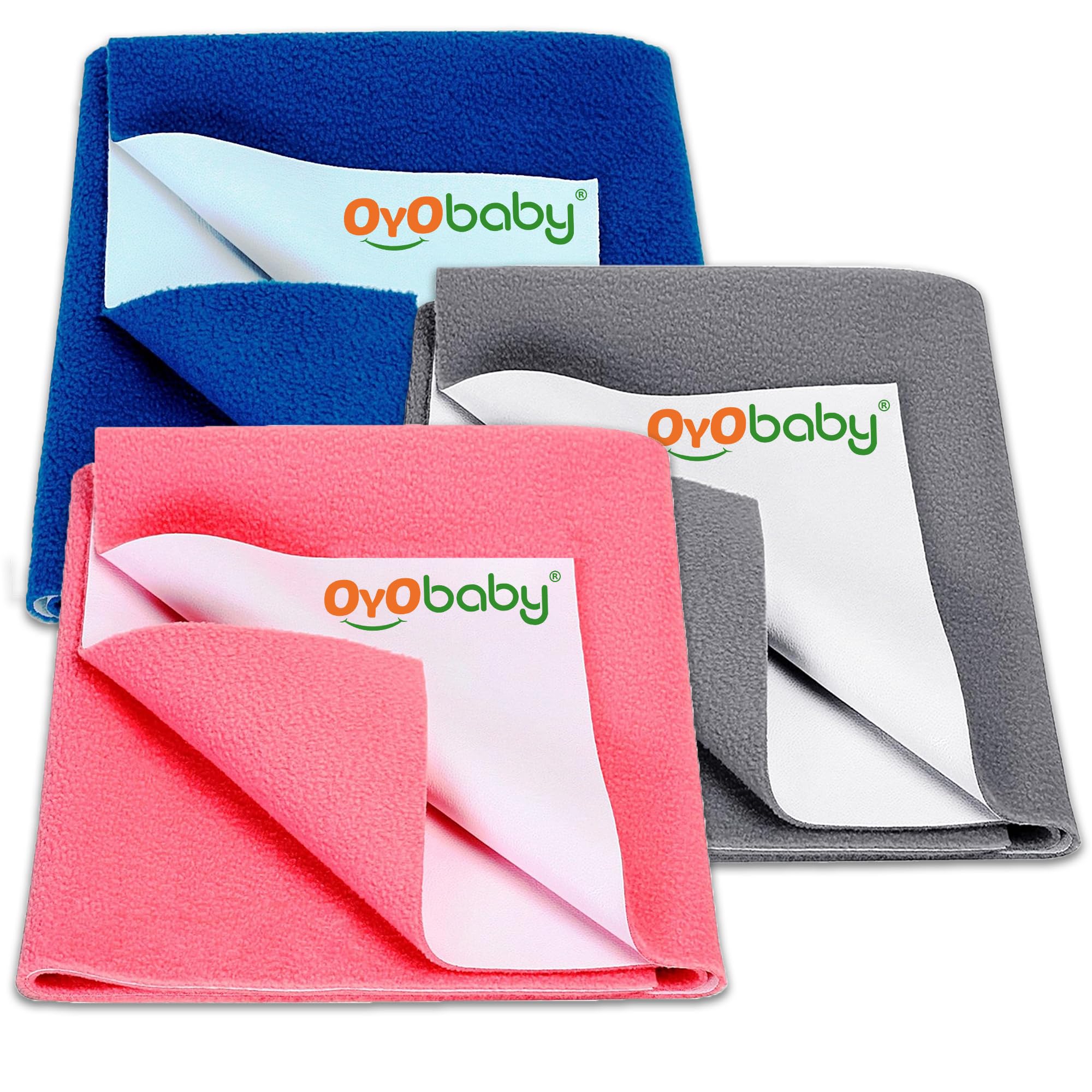 OYO BABY Dry Sheet for Baby - Medium Pack of 3 (70x100 cm) | Quick Dry & Absorbent Waterproof Bed Protector | Reusable Soft Breathable Mattress Sheet for New Born Baby (Royal Blue, Grey & Salmon Rose)