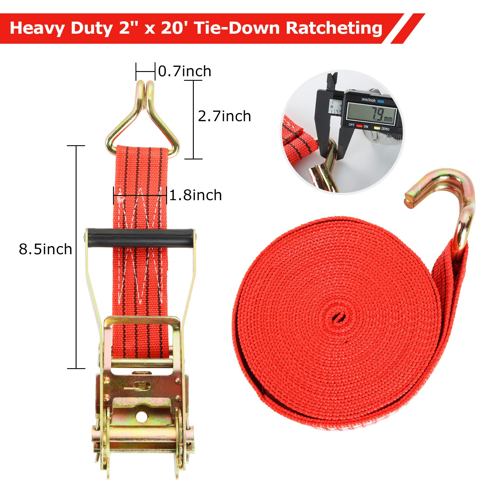 Confezione da 4 cinghie a cricchetto resistenti, 5,1 cm, 5,8 m, con doppio gancio a J, resistenza alla rottura di 1995,8 kg, cinghie a cricchetto per spostare e fissare attrezzature da prato e moto