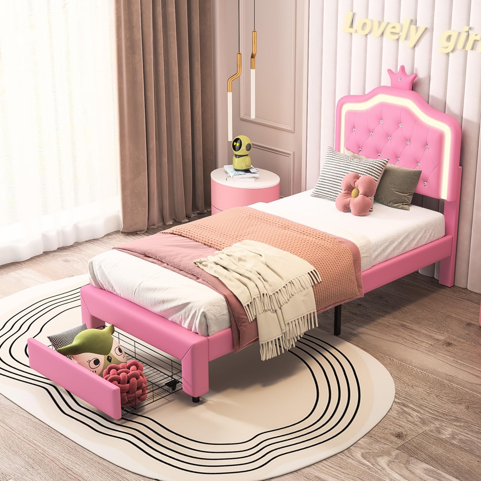 belupai 90x190cm Princess Bed Frame,Pink PU Girls Bed — image 1