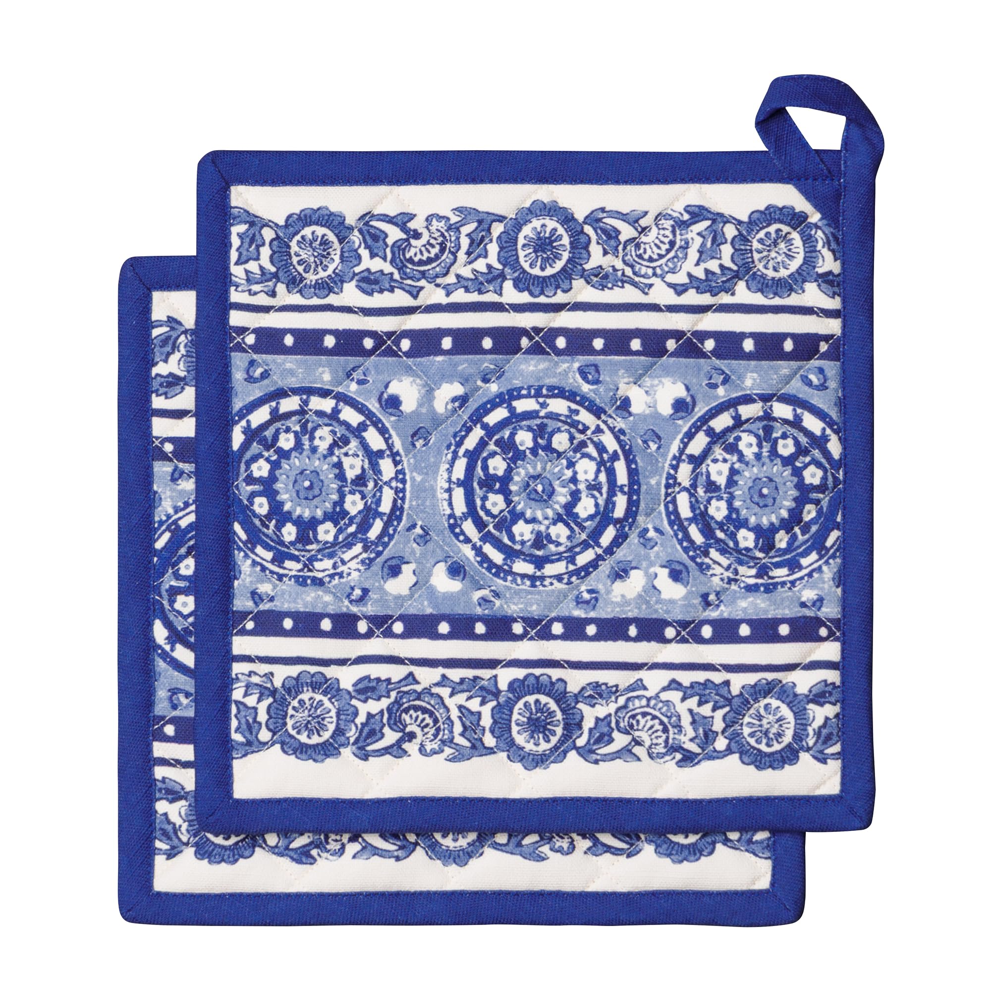 Maison D' Hermine 009 - Melodie Bleue Pot Holders Set 100% Cotton Heat Resistant Potholders 20 Cm X 20 Cm Hot Pads With Loop For Bbq Cooking Baking Handling Hot Pans Spring Summer (Pack Of 2, Melodie Bleue)