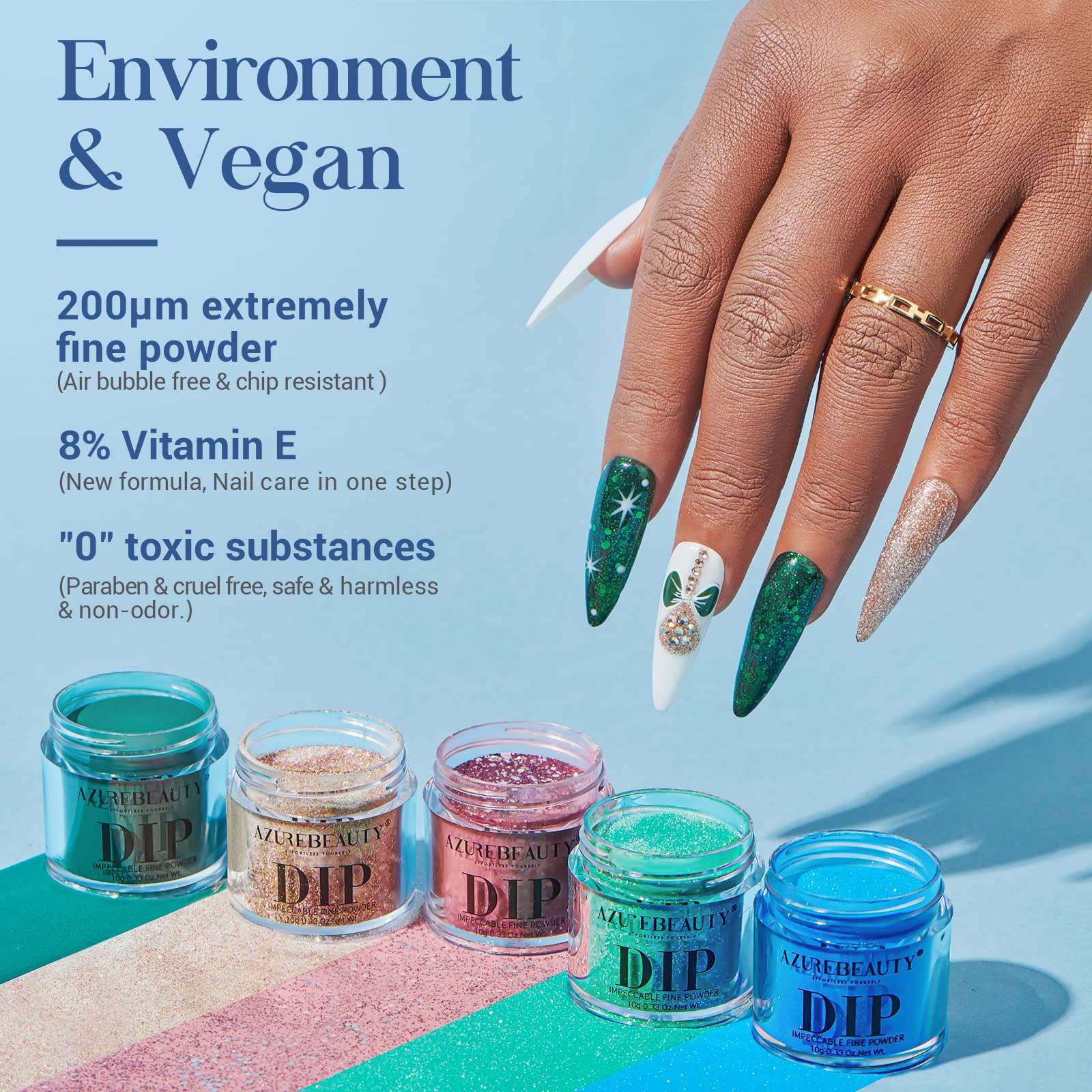 AZUREBEAUTY 31Pcs Dip Powder Nail Kit Starter 20 Colors Pastel Spring Summer Pink Acrylic Dipping Powder Set with Top/Base Coat Activator & Recycling Tray for Macaron French Manicure Salon: Ocean Blue Green Glitter