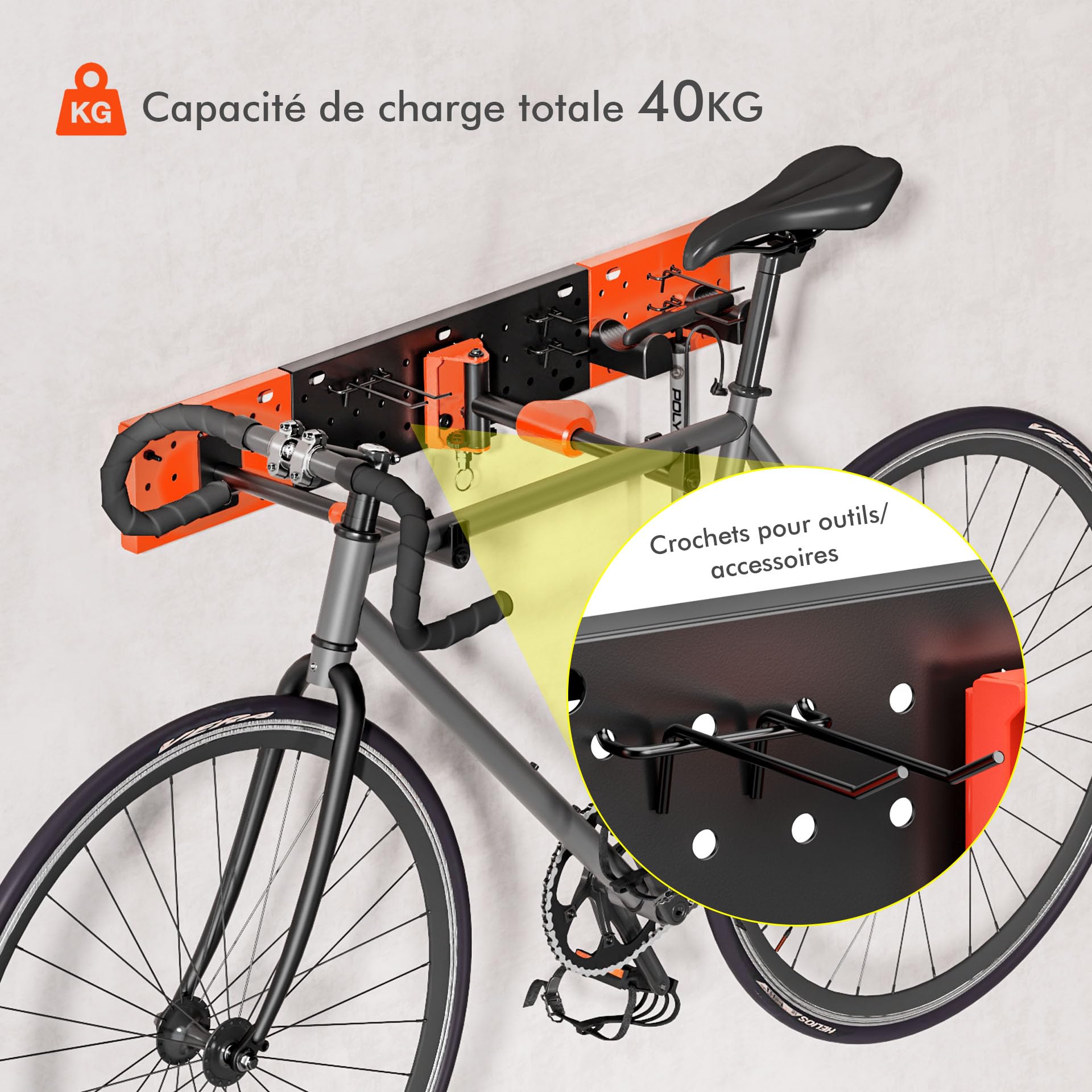 Mimoke Support mural pour vélo, réglable verticalement et horizontalement, capacité de charge jusqu'à 30 kg, panneau perforé avec crochet à outils, peu encombrant, pliable, VTT, vélo de route