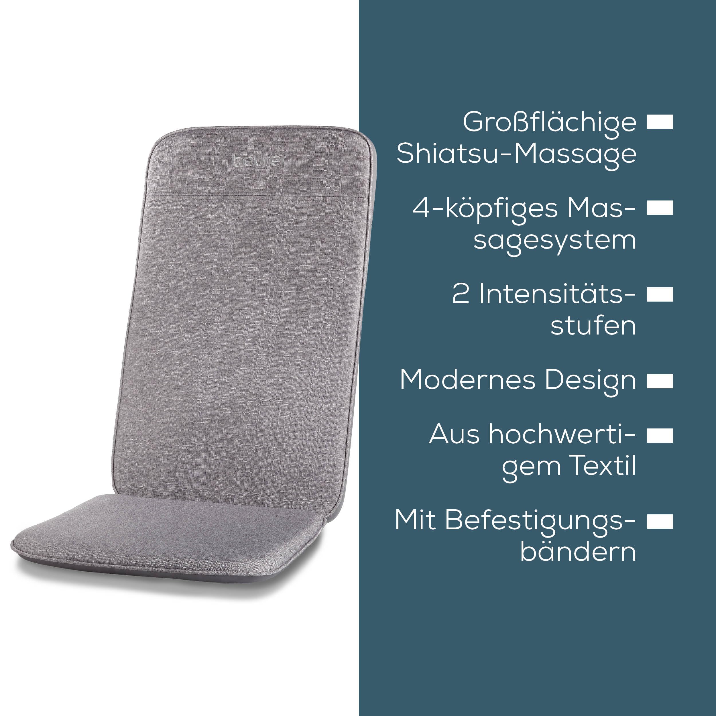 Beurer MG 202 Shiatsu-Massagesitzauflage, Shiatsu-Massage für zu Hause und im Büro, 2 Intensitätsstufen, schmales Rückengehäuse, für Sessel, Sofas und Bürostühle geeignet, modernes Design, hellgrau