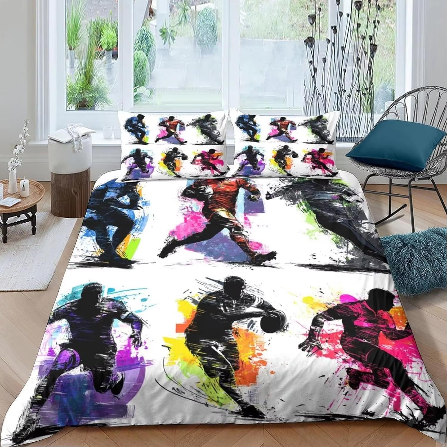 Zestaw pościeli do rugby w rozmiarze king size, dla dużych dzieci, poszewka na kołdrę z zamkiem błyskawicznym i 2 poszewkami na poduszki 50 cm x 75 cm, miękka, oddychająca poszewka na kołdrę z