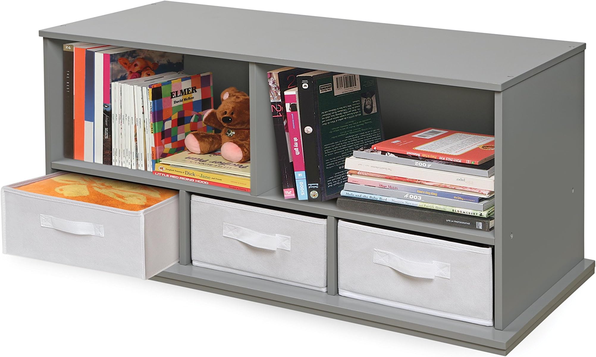 Badger Basket Stackable Toy Storage Organizer - 5-Shelf Modular Unit with 3 Removable Fabric Bins, Solid Panel Construction, Expandable Design for Toys and Crafts - Gray