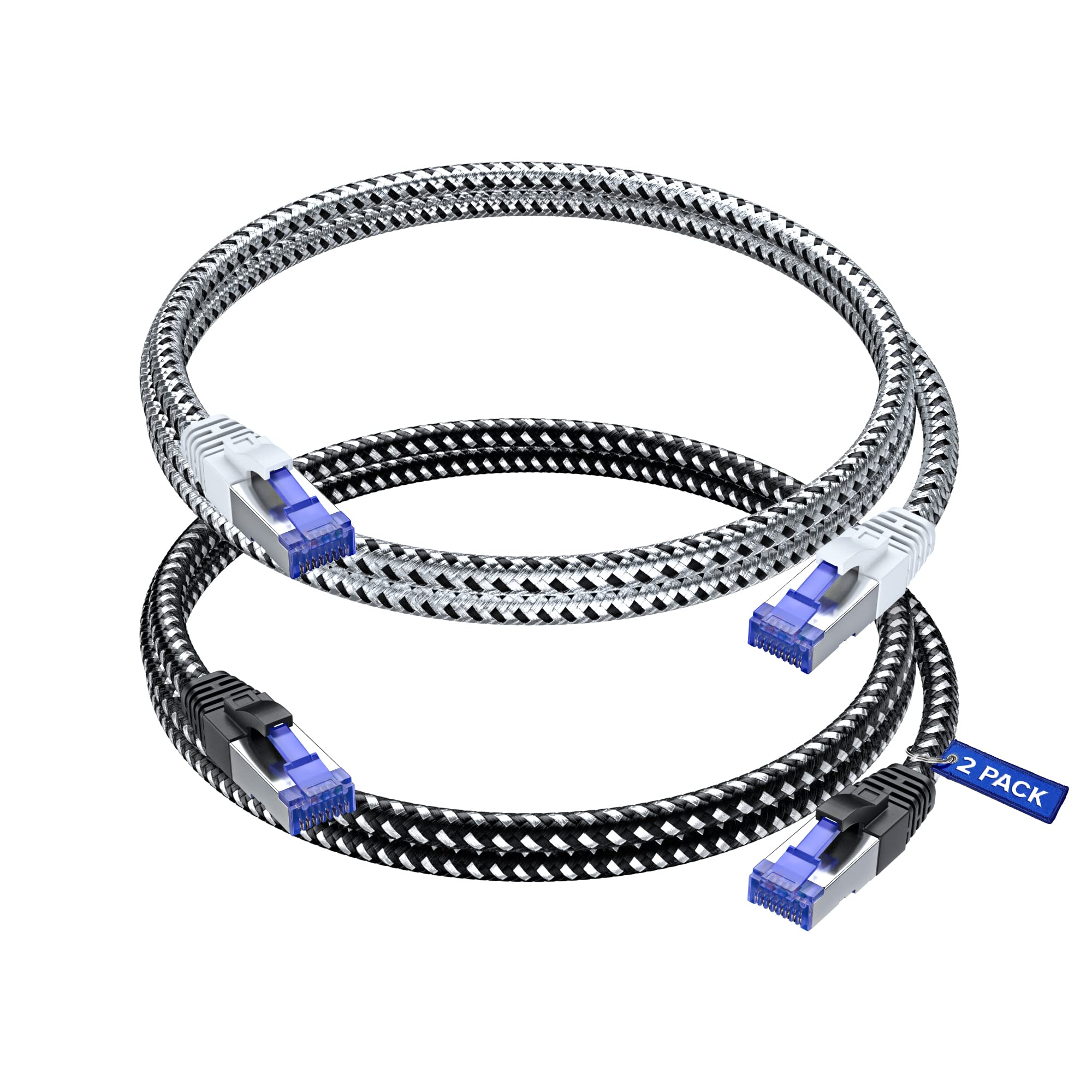Ethernet Cable Cat 7, 1 ft, Super-Durable Black and White, 2 Pack Braided Network LAN Internet Cable Cord, High Speed Cat6 Ethernet Cable Compatible with Cat6 Cat6e Cat5 Cat5e Ethernet Patch Cable