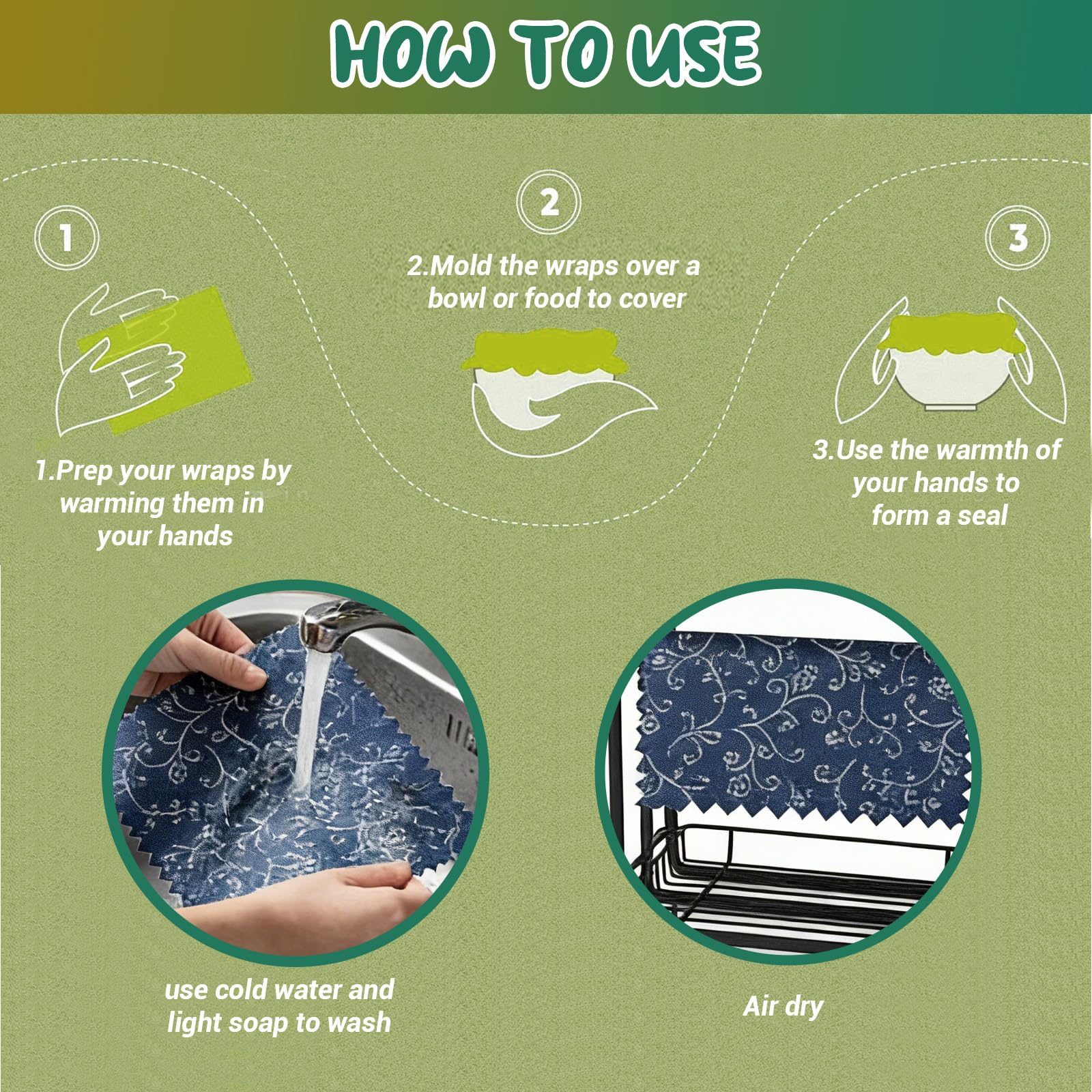Juego De 9 Paños De Cera De Abeja (1L, 3M, 5S) Reutilizables De Algodón Ecológico – Alternativa Sin Plástico A Film Alimentario para Cocina – Diseño De Hojas Verdes