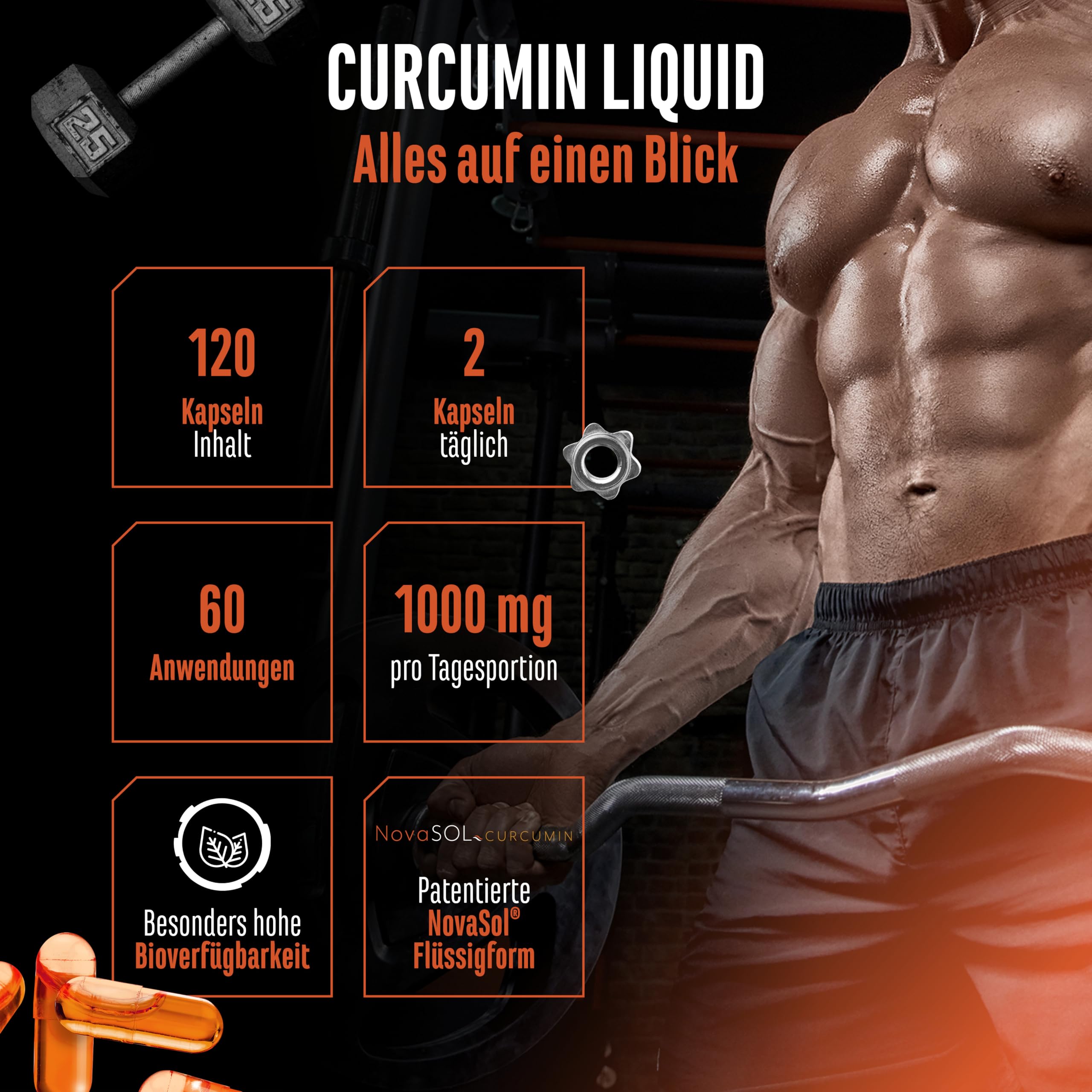 Curcuma NovaSol® - 120 Liquid Kapseln - 1000 mg Curcumin pro Tagesportion - Mit patentiertem NovaSOL - 185 x höhere Bioverfügbarkeit durch flüssige Kurkuma Form - vegan