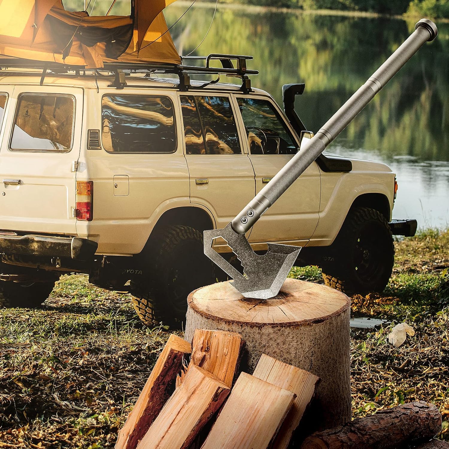 Zune Lotoo Klappspaten, Multifunktionale Survival Spaten aus Martensitischem Stahl, Verstellbare Taktische Schaufel mit 7 Winkeln, Tragbare Camping Schaufel zum Wandern Camping, Garten