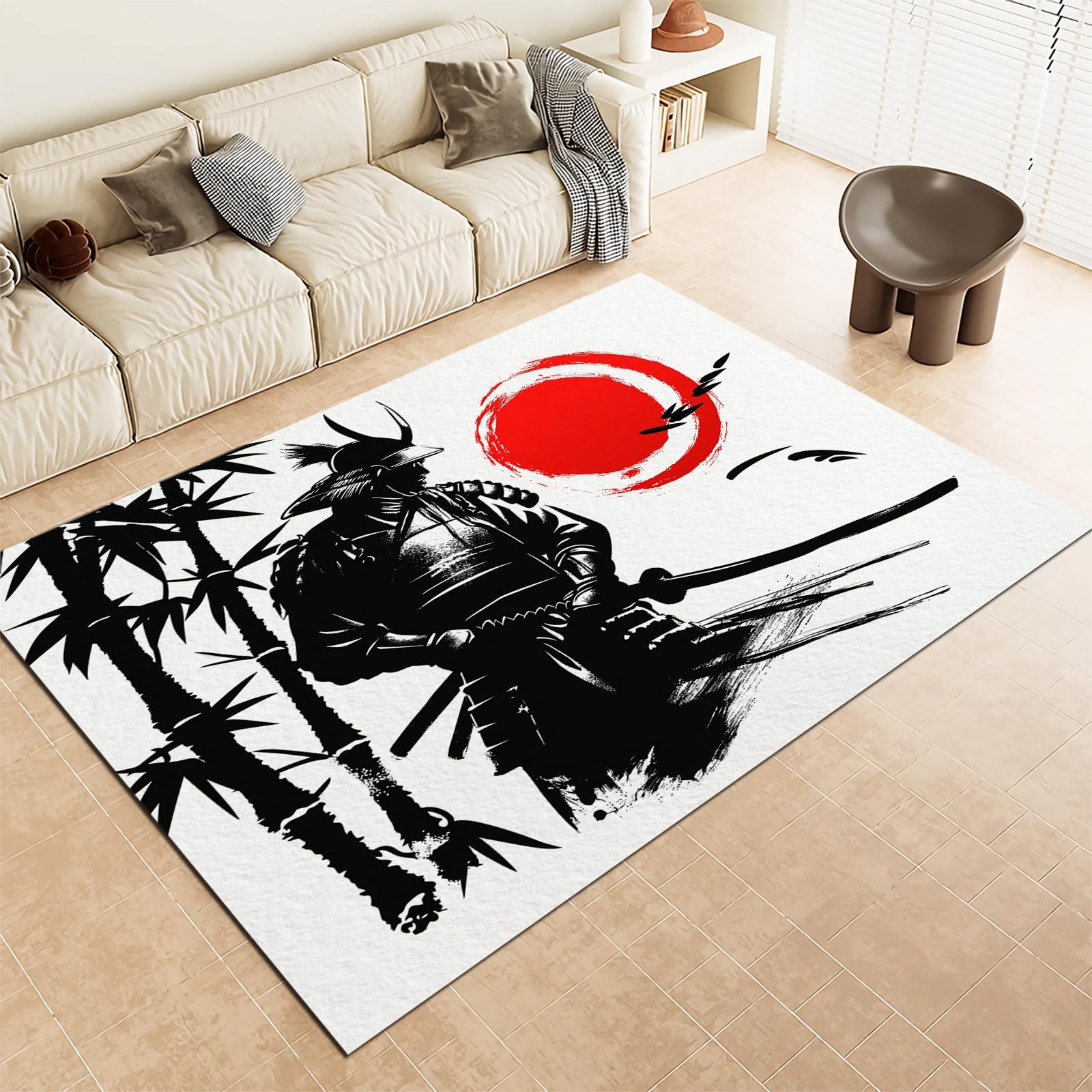 Tapis de Salon 80x150 cm Peinture L'Encre Samouraï Japonais, Tapis Lavable en Machine et Antidérapant - Moquette à Poil Ras Doux pour Chambre et Bureau - Blanc