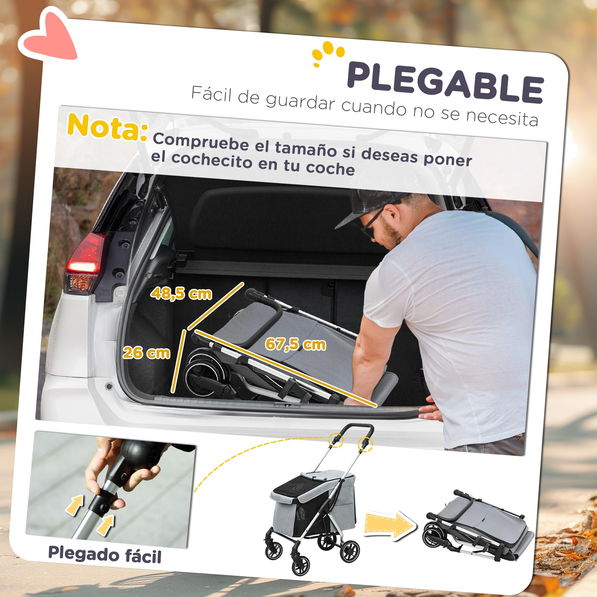 PawHut Carrito para Perros Plegable, Cochecito para Perros Pequeños y Seniors, Hasta 10 kg, Ruedas con Frenos 360º, Marco de Aluminio, Correa de Seguridad, Cojín Lavable y Ventanas, Gris