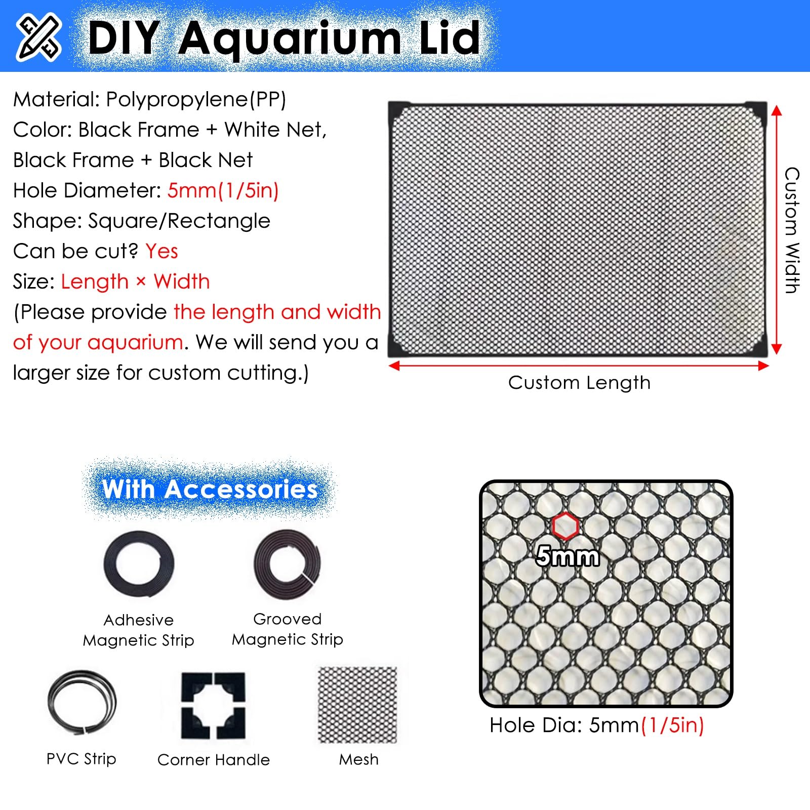 PEYNIR Couvercle Aquarium Couvercle magnétique Anti-Saut pour Aquarium (à Faire soi-même), Hache pour Aquarium Grille Anti-Chats avec Filet d'aération(L59.1xW19.7in/150x50cm)