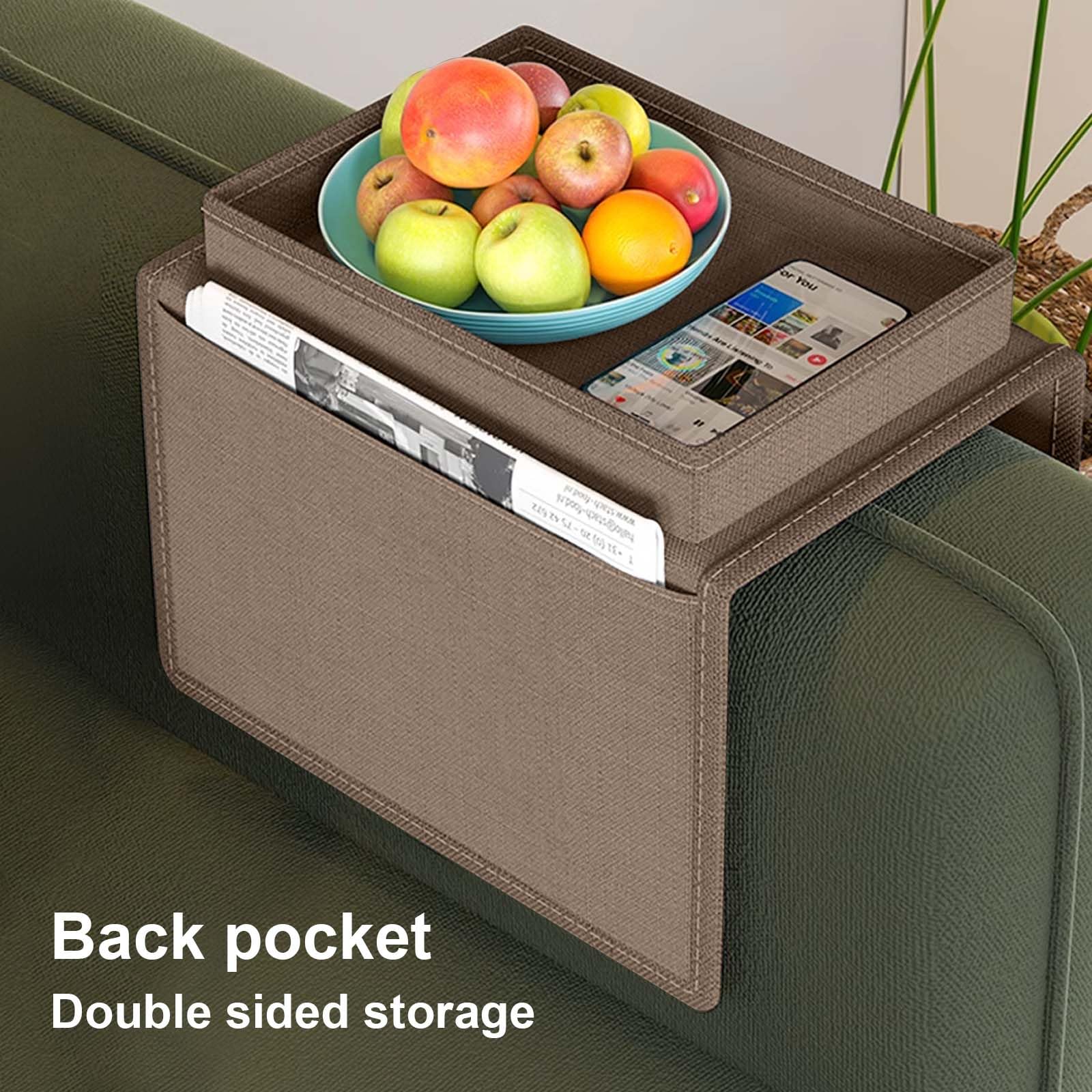 Colexy Sofa Armlehne Organizer, Sofa Tasche Sofatablett Ablage Oxford Couch Sessel Stuhl hängen Aufbewahrungstasche, Faltbar Sofa Butler mit Tablett für Buch, Magazin, Handy, Fernbedienung (Kaffee)