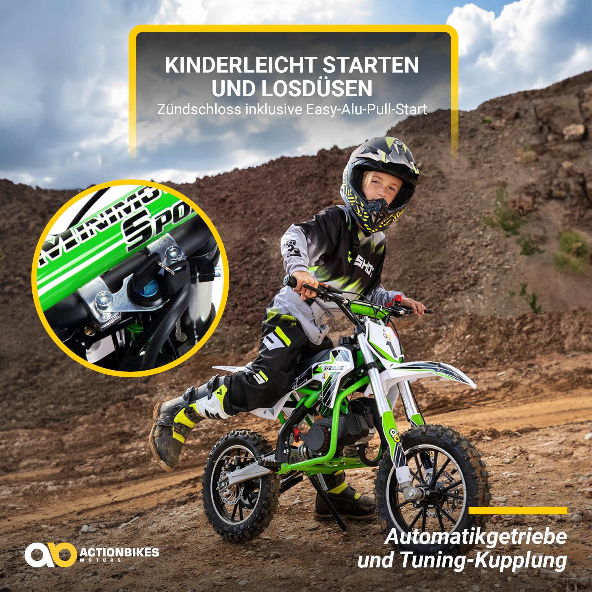 Actionbikes Motors Kinder Crossbike Gazelle | 2-Takt 49 CCM Motor bis 𝟑𝟓 km/h - Motorrad - Pocket Bike - Dirt Bike - Motocross - Pocketbike - Motorsport - Dirtbike - Enduro ab 8 Jahren
