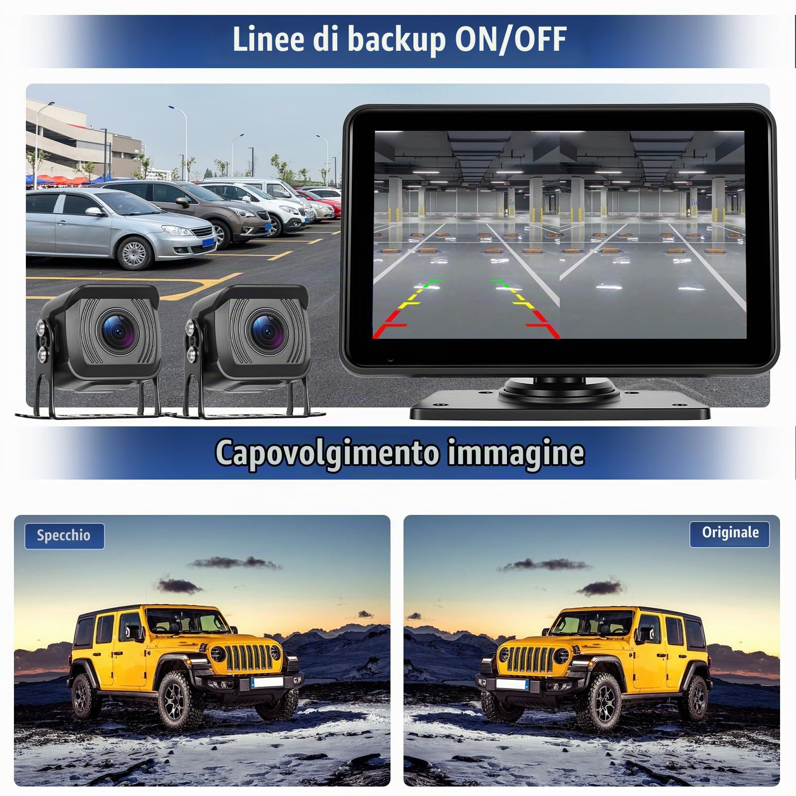 Telecamera Posteriore Set di 2 Telecamere Cablate, Monitor IPS HD da 7 Pollici 4K DVR con Android Cast, Impermeabile IP68, Registrazione, Monitoraggio del Parcheggio, Linee di parcheggio