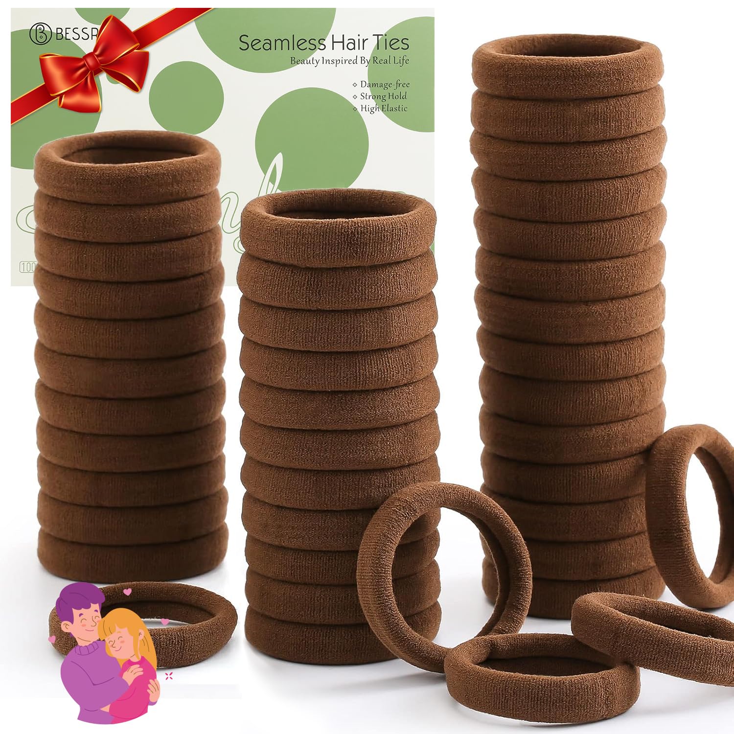 100 Pcs Thick Seamless Hair Ties, Ponytail Holders Hair Accessories No Damage for Thick Hair Valentine's Day Gift(Dark Brown Colors)