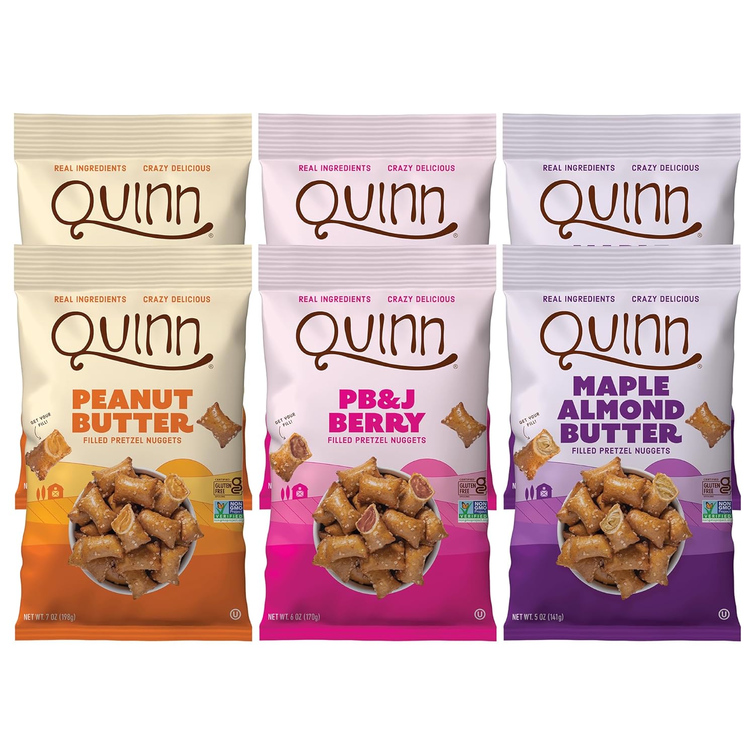 Quinn Pretzel Nuggets Variety Pack- Filled Pretzel Bites, Made with Real Ingredients, Whole Grain Sorghum, Vegan, Gluten Free, Dairy Free, Non GMO- Peanut Butter, PB&J Berry, Maple (Pack of 6)